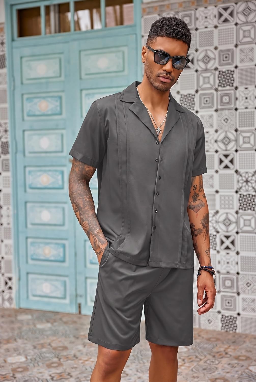 image:imageCOOFANDY Mens 2 Piece Short Set Guayabera Button Down Shirt Casual OutfitsDark Grey