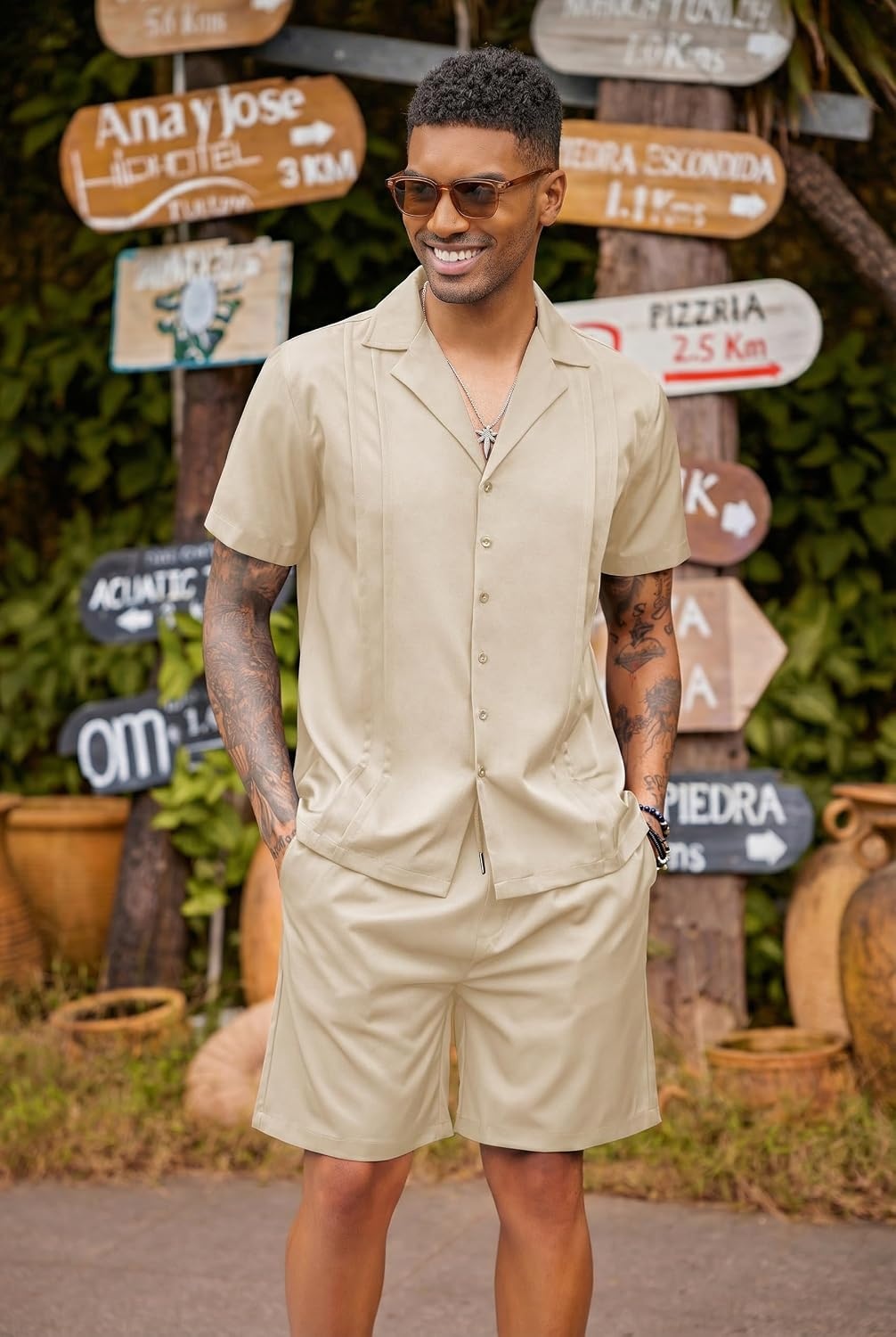 image:imageCOOFANDY Mens 2 Piece Short Set Guayabera Button Down Shirt Casual OutfitsKhaki