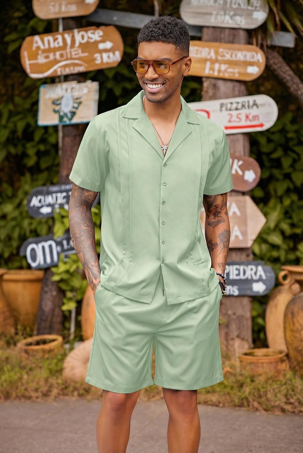 image:imageCOOFANDY Mens 2 Piece Short Set Guayabera Button Down Shirt Casual OutfitsLight Green