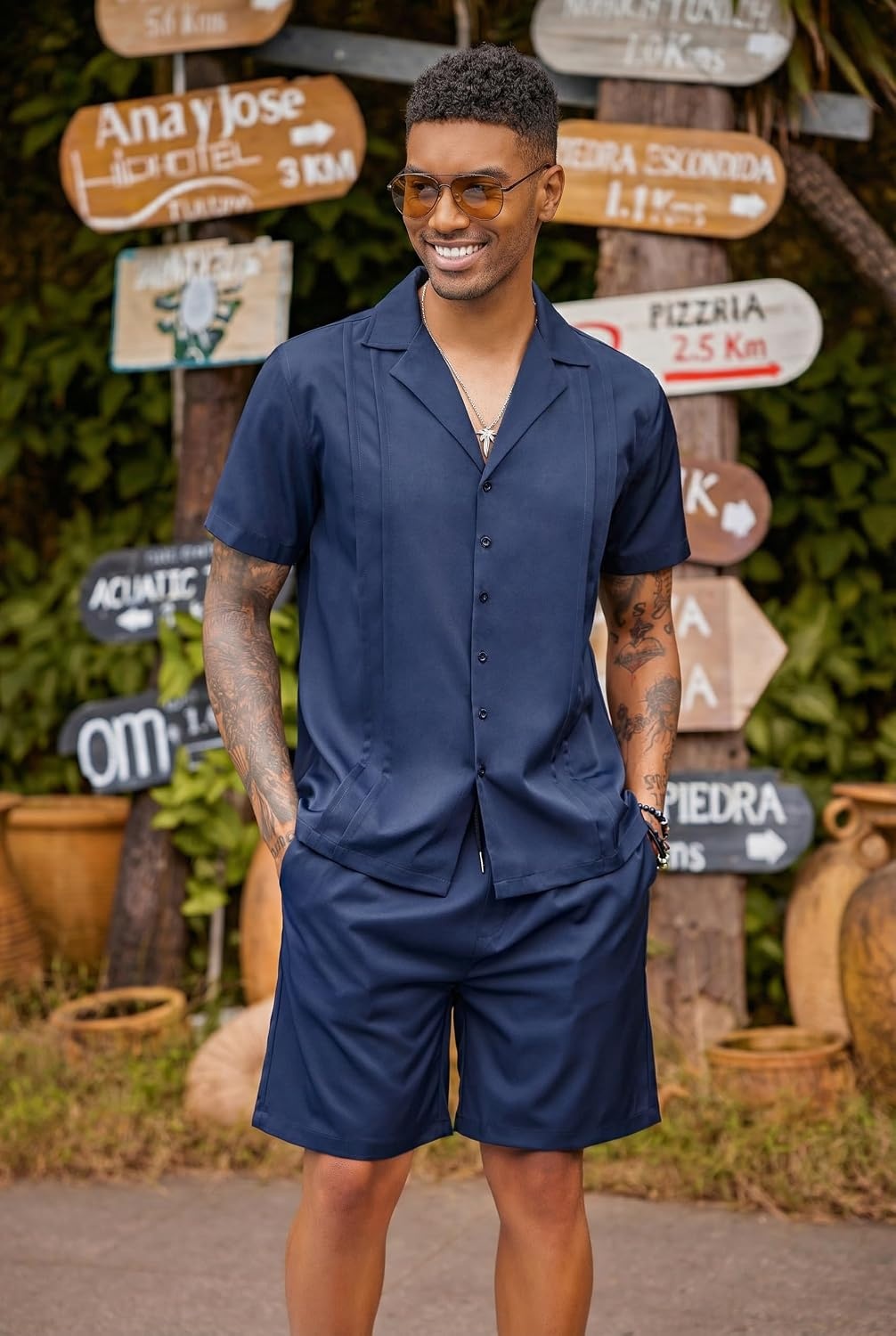 image:imageCOOFANDY Mens 2 Piece Short Set Guayabera Button Down Shirt Casual OutfitsNavy Blue