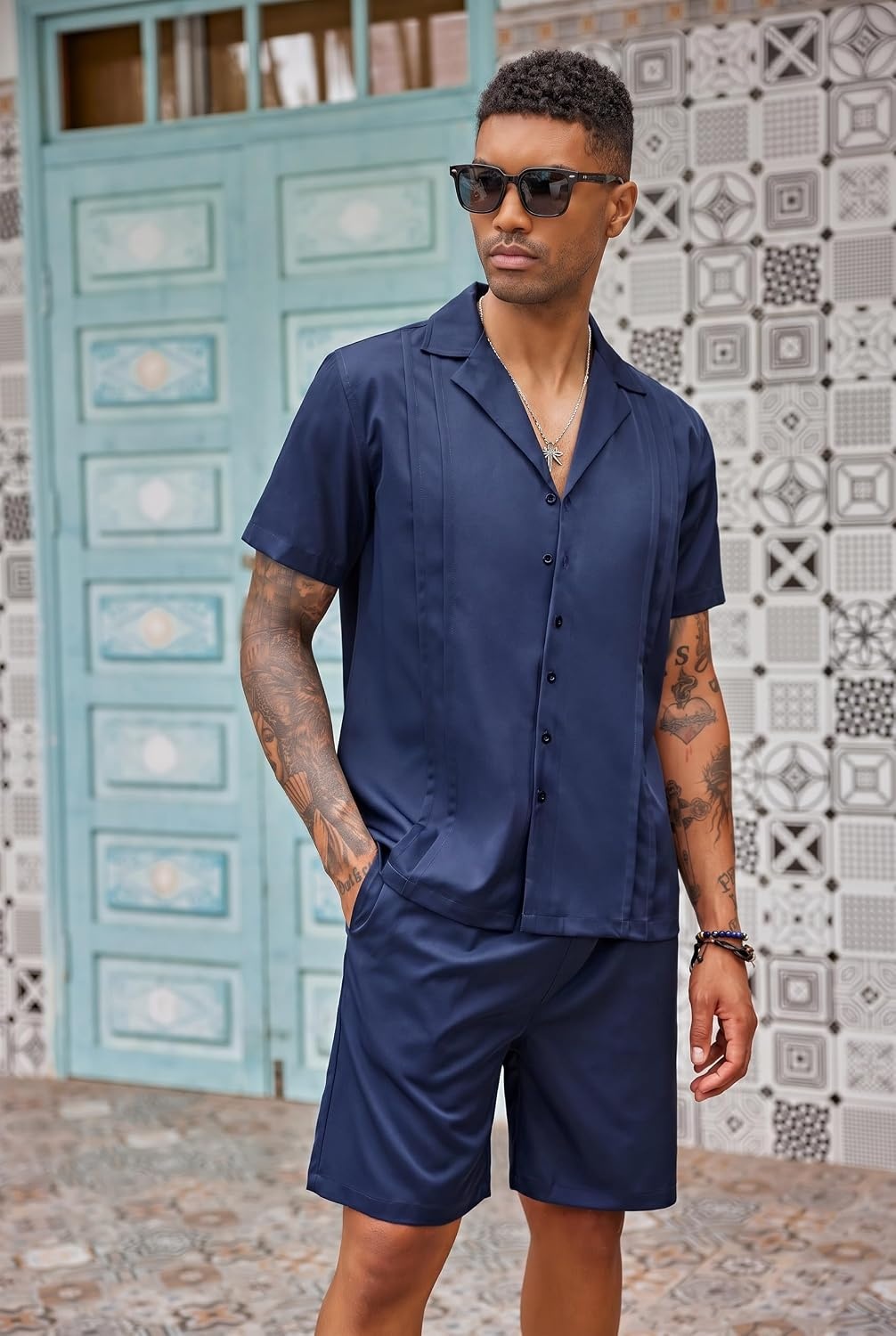 image:imageCOOFANDY Mens 2 Piece Short Set Guayabera Button Down Shirt Casual OutfitsNavy Blue