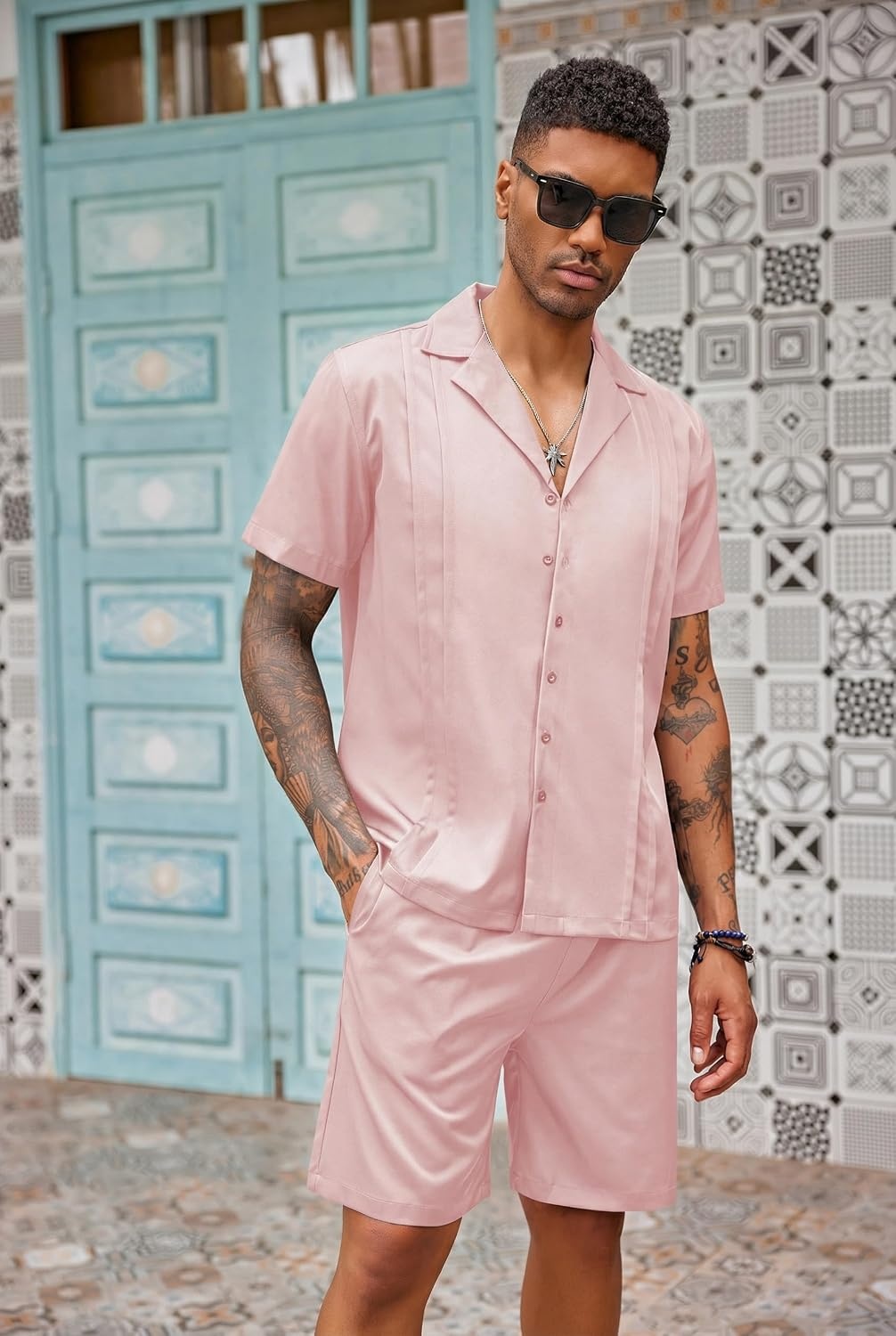 image:imageCOOFANDY Mens 2 Piece Short Set Guayabera Button Down Shirt Casual OutfitsPink