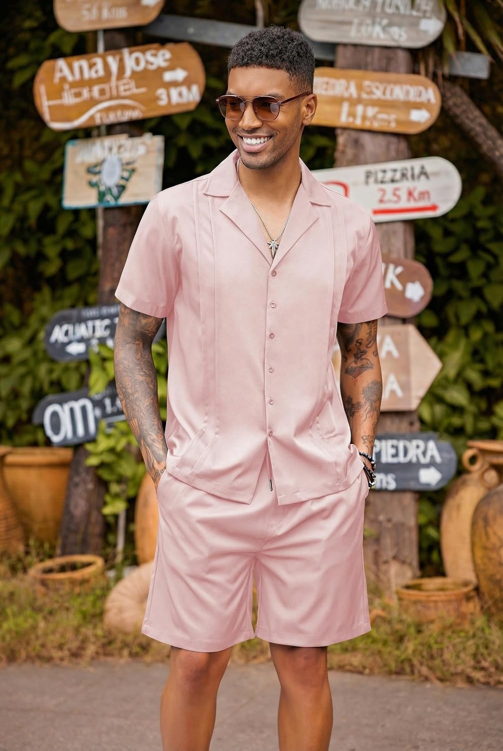 image:imageCOOFANDY Mens 2 Piece Short Set Guayabera Button Down Shirt Casual OutfitsPink