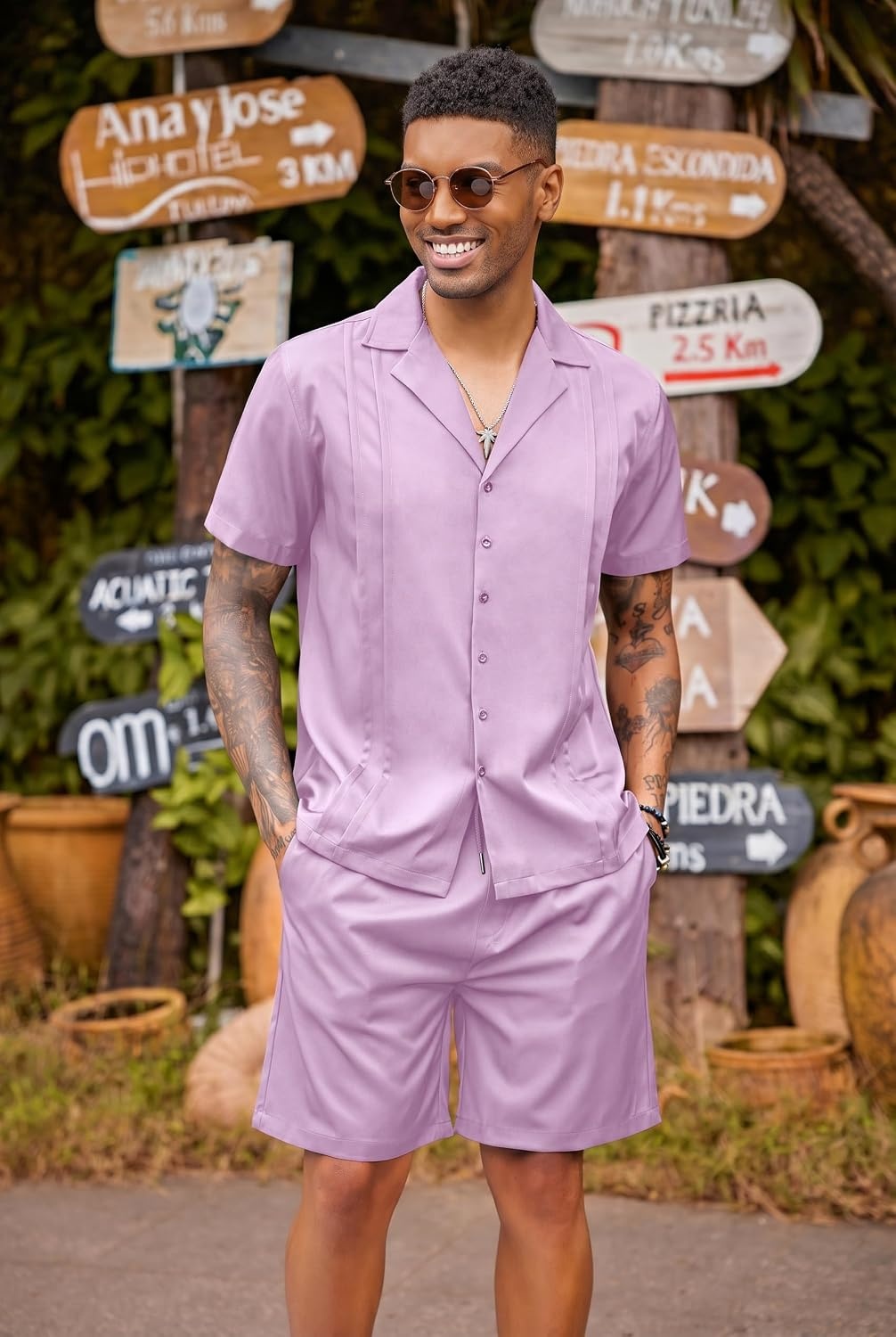 image:imageCOOFANDY Mens 2 Piece Short Set Guayabera Button Down Shirt Casual OutfitsPurple