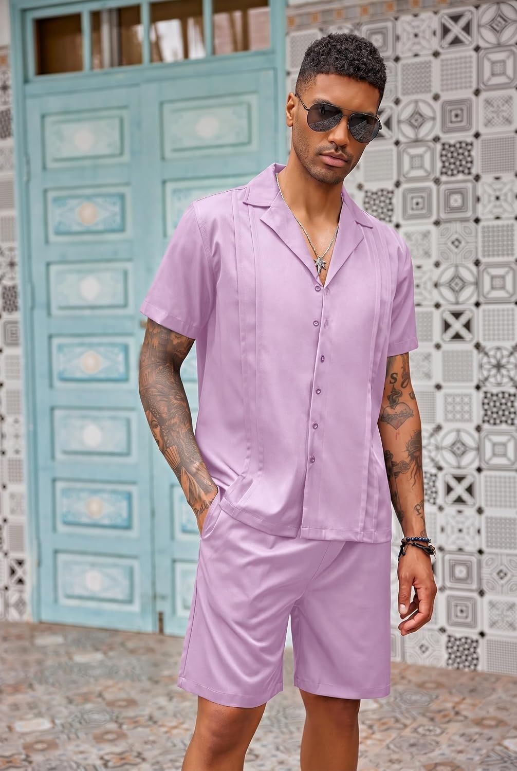 image:imageCOOFANDY Mens 2 Piece Short Set Guayabera Button Down Shirt Casual OutfitsPurple