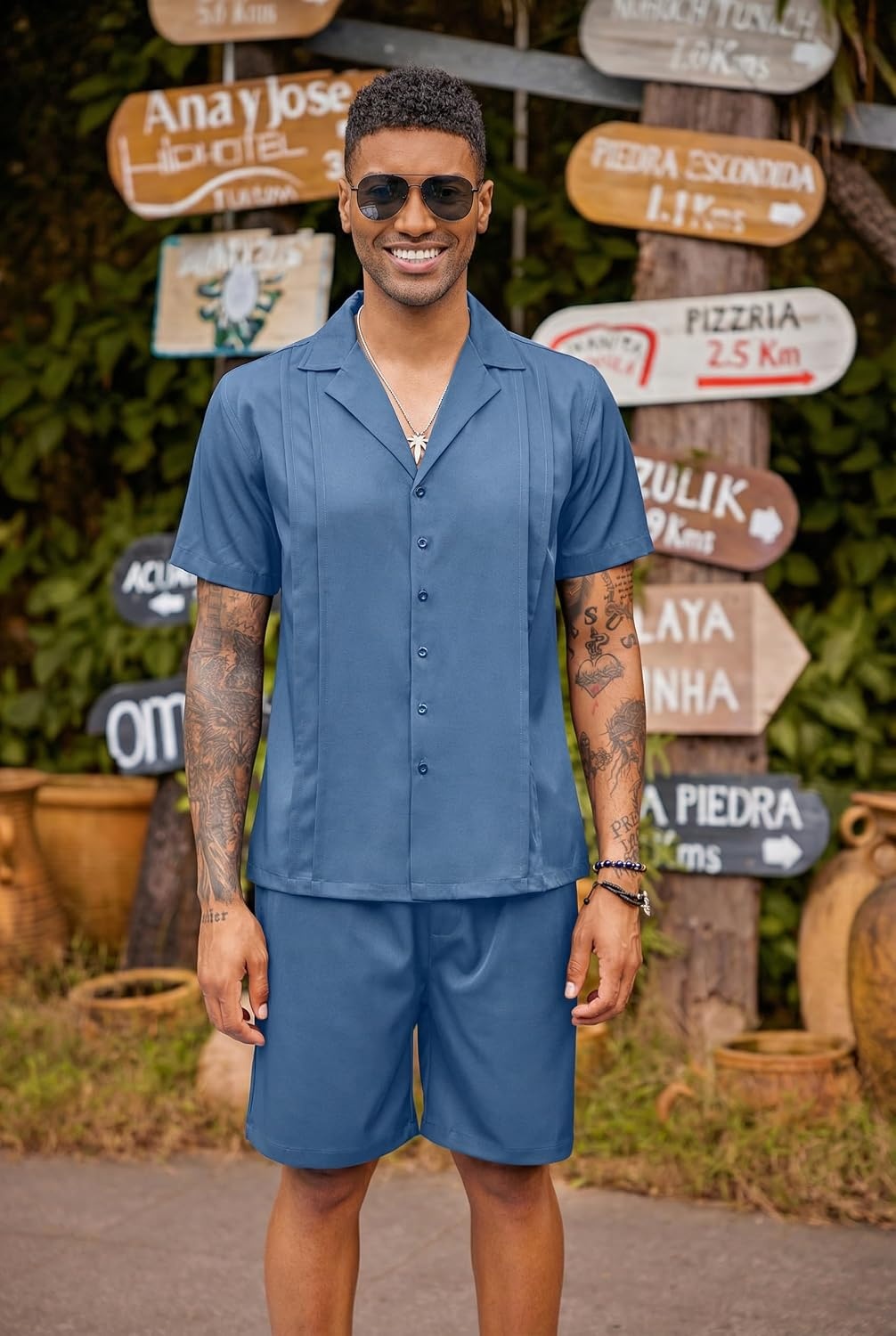 image:imageCOOFANDY Mens 2 Piece Short Set Guayabera Button Down Shirt Casual OutfitsRoyal Blue