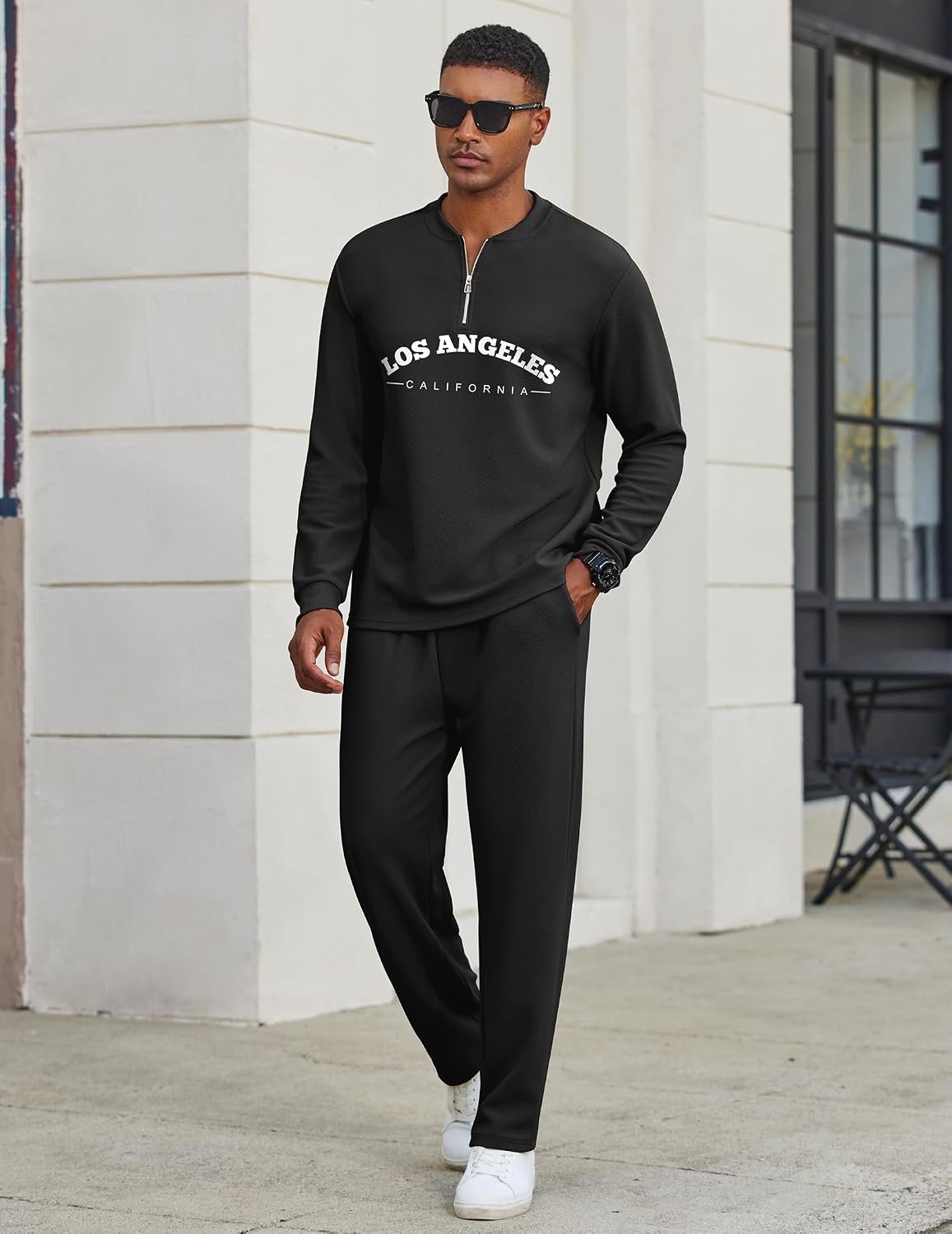image:imageCOOFANDY Mens 2 Piece Tracksuit Set Polo Athletic Sweatsuit Quarter Zip Jogging Long Sleeve Casual Sports OutfitsLetter Black