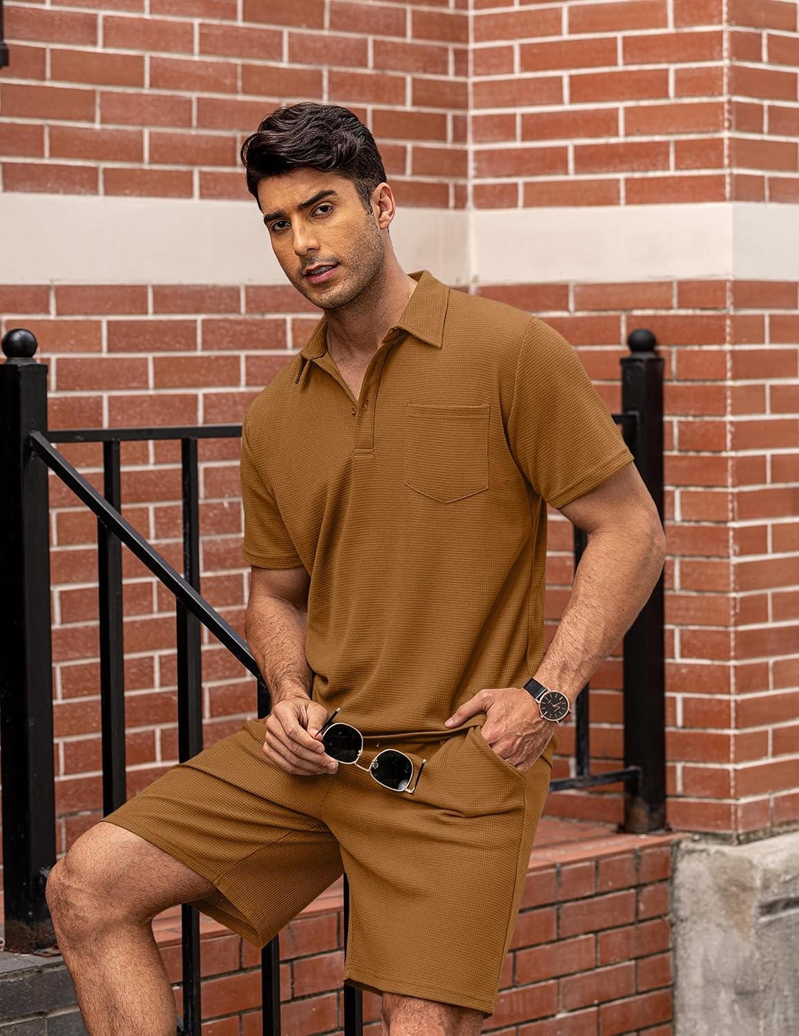 image:imageCOOFANDY Mens 2 Pieces Outfits Waffle Knit Polo Shirt and Shorts SetLight Brown