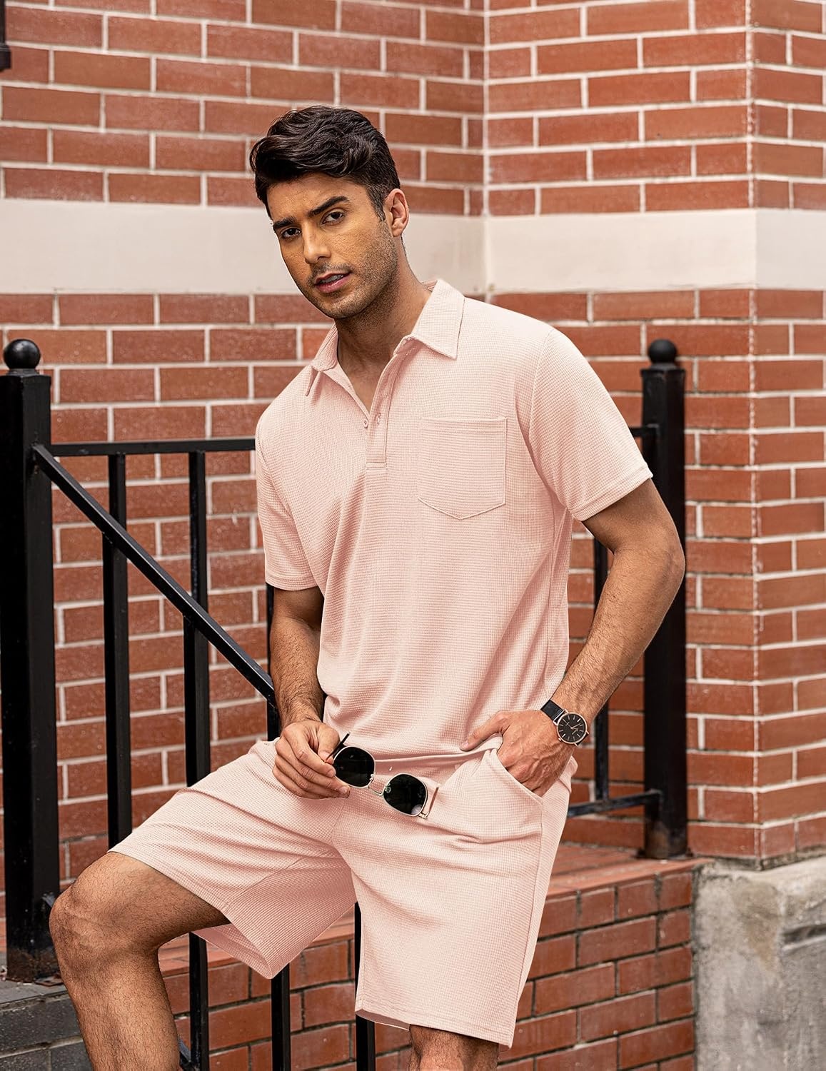 image:imageCOOFANDY Mens 2 Pieces Outfits Waffle Knit Polo Shirt and Shorts SetLight Pink