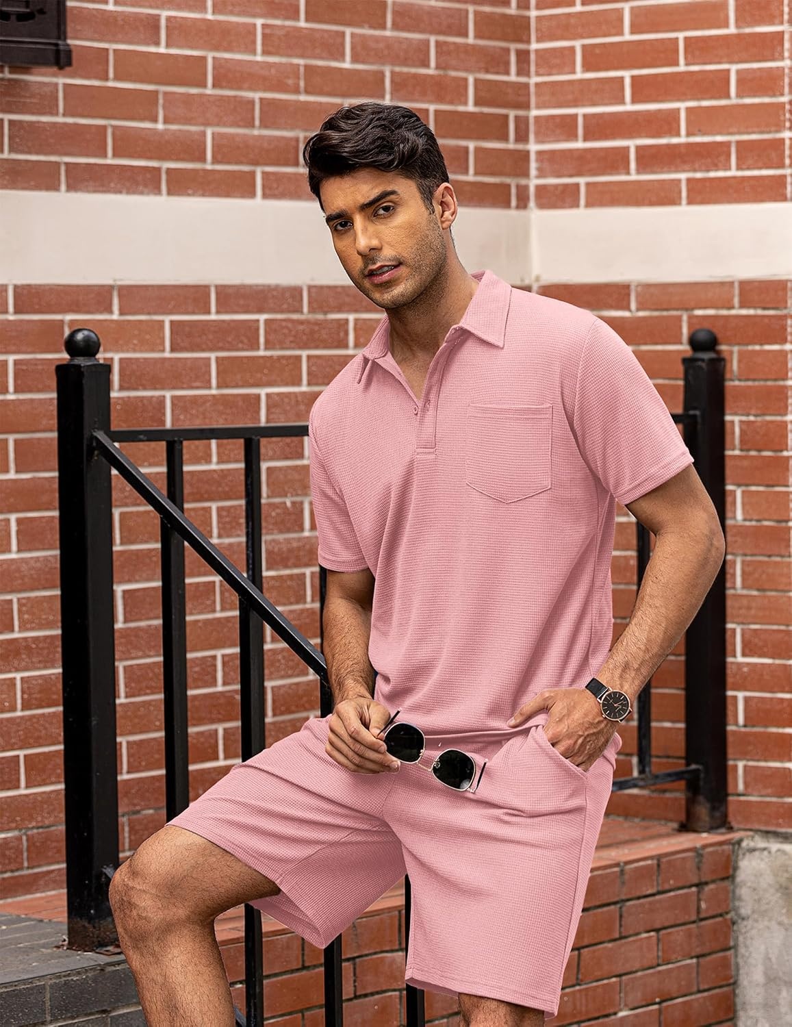 image:imageCOOFANDY Mens 2 Pieces Outfits Waffle Knit Polo Shirt and Shorts SetPale Pink