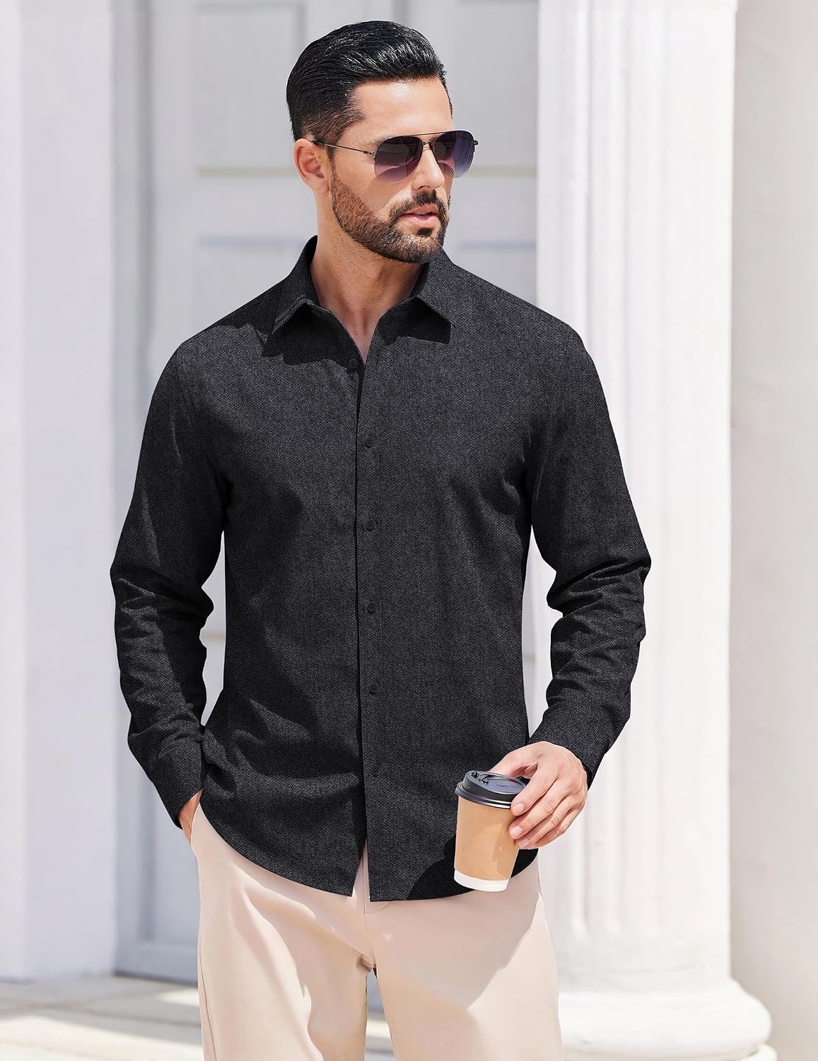 image:imageCOOFANDY Mens Casual Button Down Shirts Long Sleeve Vintage Denim ShirtBlack Greytextured
