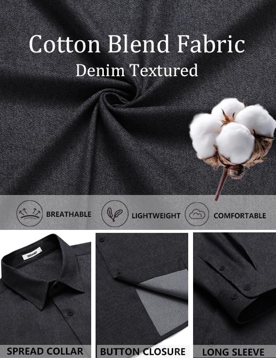 image:imageCOOFANDY Mens Casual Button Down Shirts Long Sleeve Vintage Denim ShirtBlack Greytextured