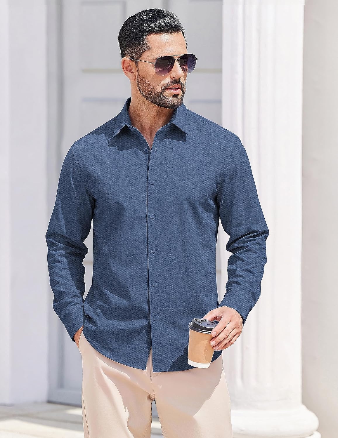 image:imageCOOFANDY Mens Casual Button Down Shirts Long Sleeve Vintage Denim ShirtBluetextured