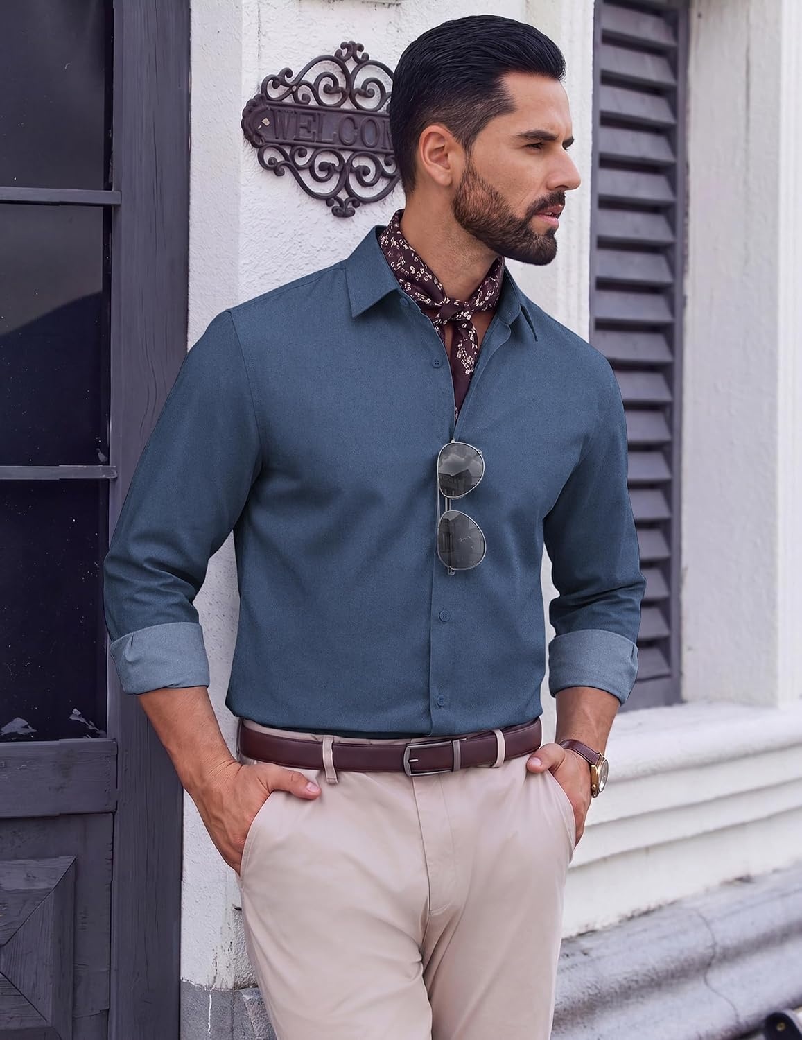 image:imageCOOFANDY Mens Casual Button Down Shirts Long Sleeve Vintage Denim ShirtBluetextured