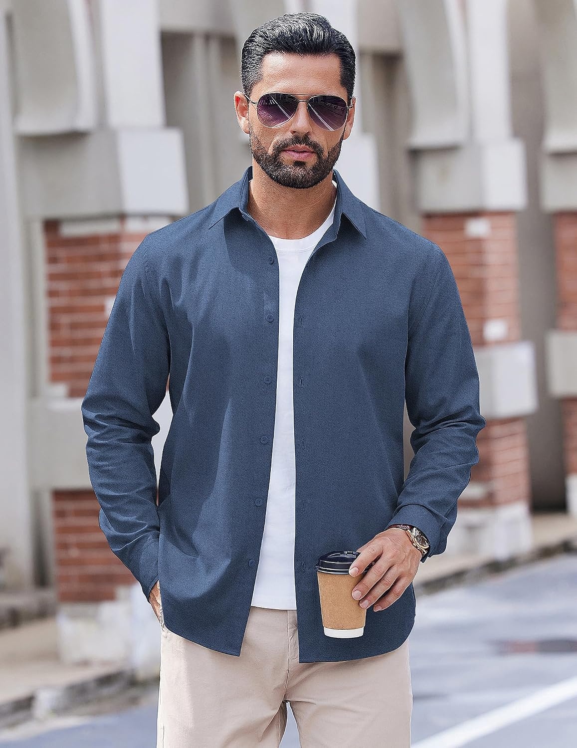 image:imageCOOFANDY Mens Casual Button Down Shirts Long Sleeve Vintage Denim ShirtBluetextured
