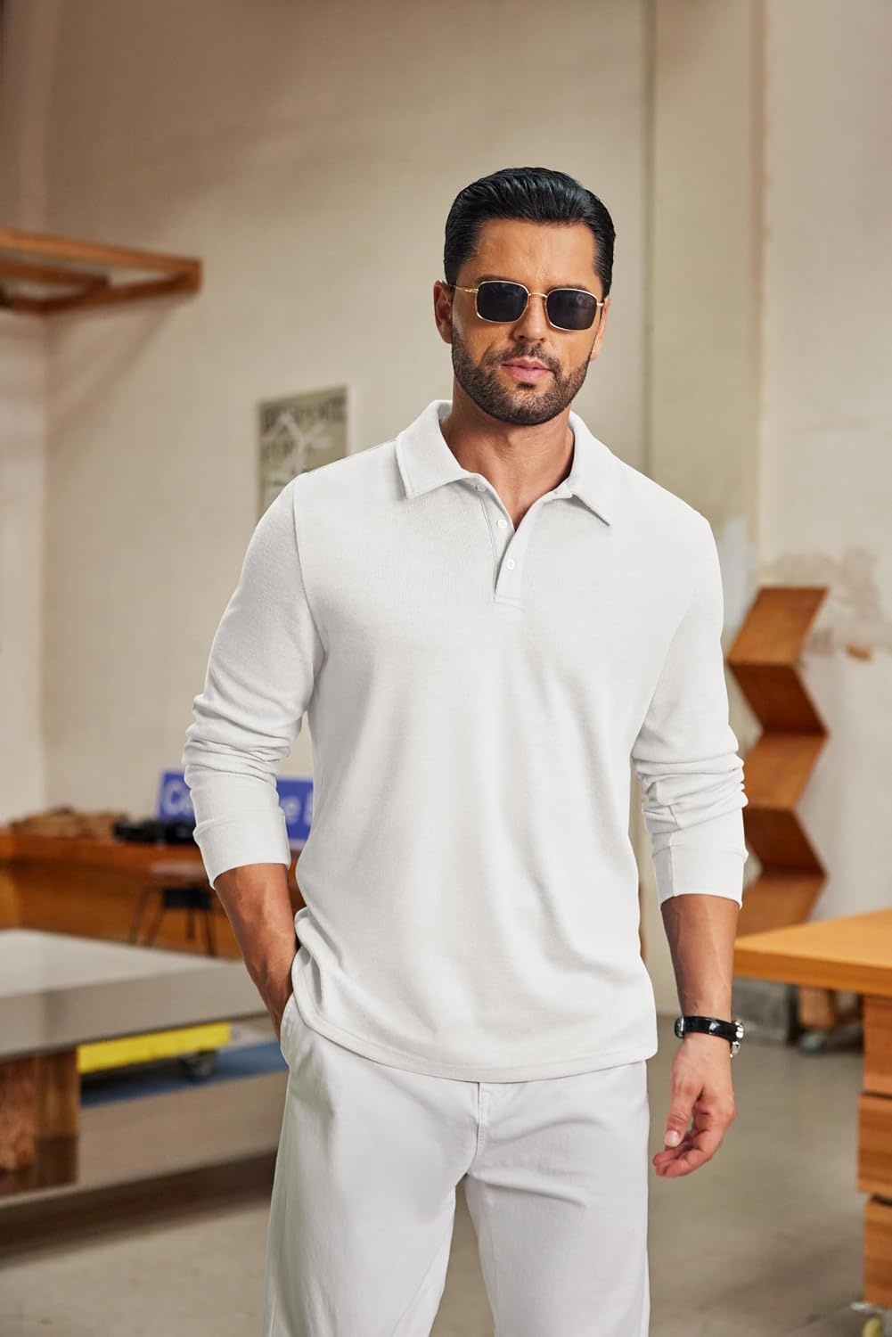 image:imageCOOFANDY Mens Knit Polo Shirt Long Sleeve Polo Sweaters Casual Golf ShirtsWhite