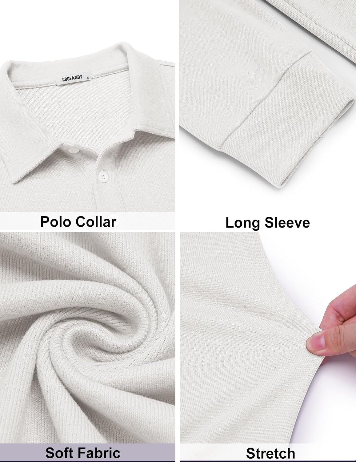 image:imageCOOFANDY Mens Knit Polo Shirt Long Sleeve Polo Sweaters Casual Golf ShirtsWhite