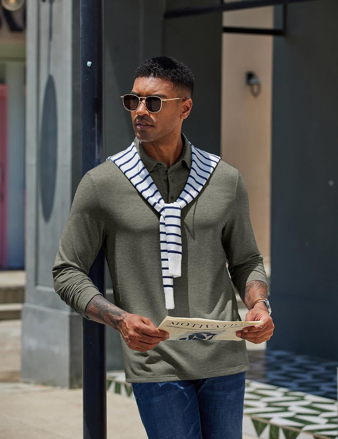 image:imageCOOFANDY Mens Long Sleeve Polo Shirts Casual Basic Lightweight Button TeeArmy Green