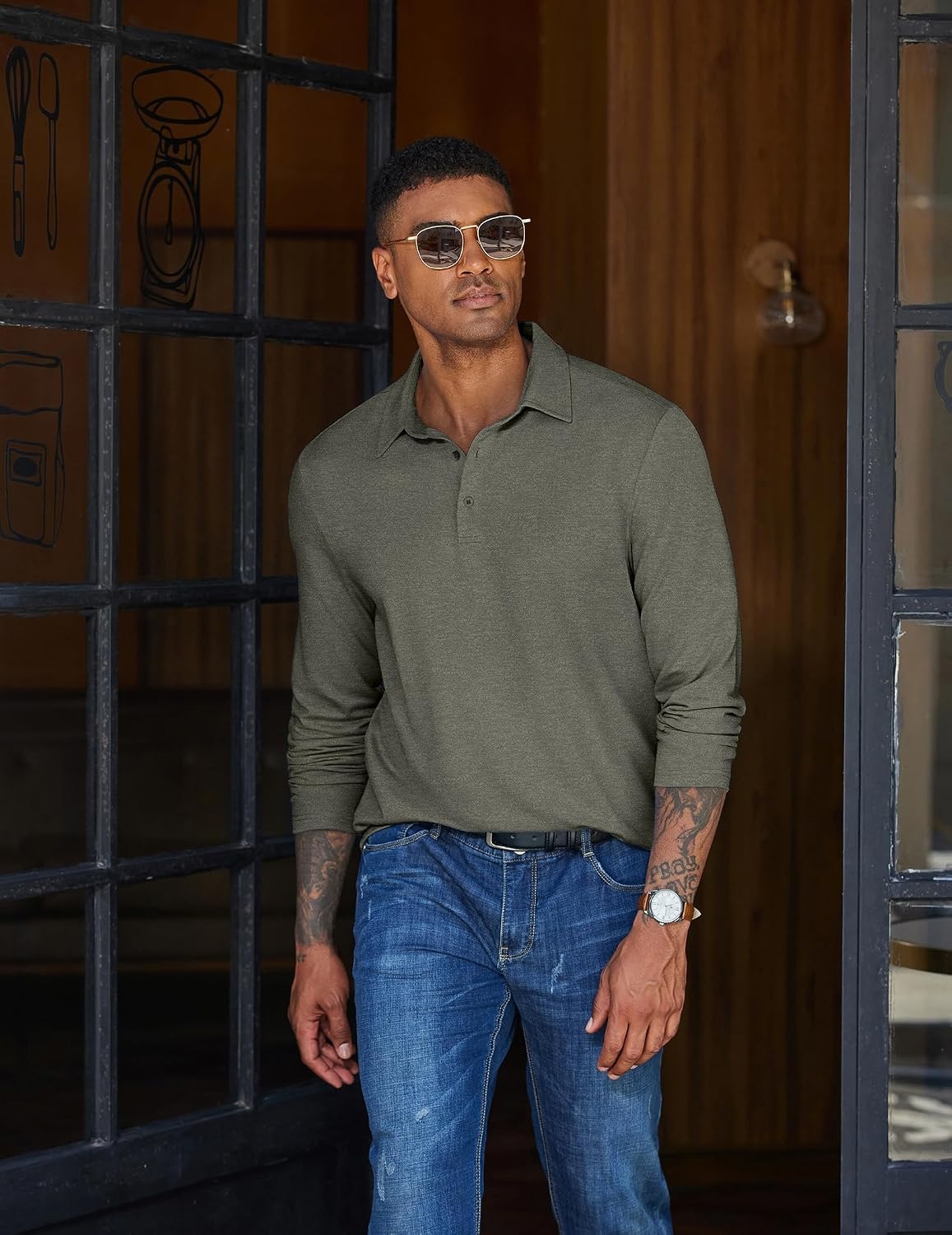 image:imageCOOFANDY Mens Long Sleeve Polo Shirts Casual Basic Lightweight Button TeeArmy Green