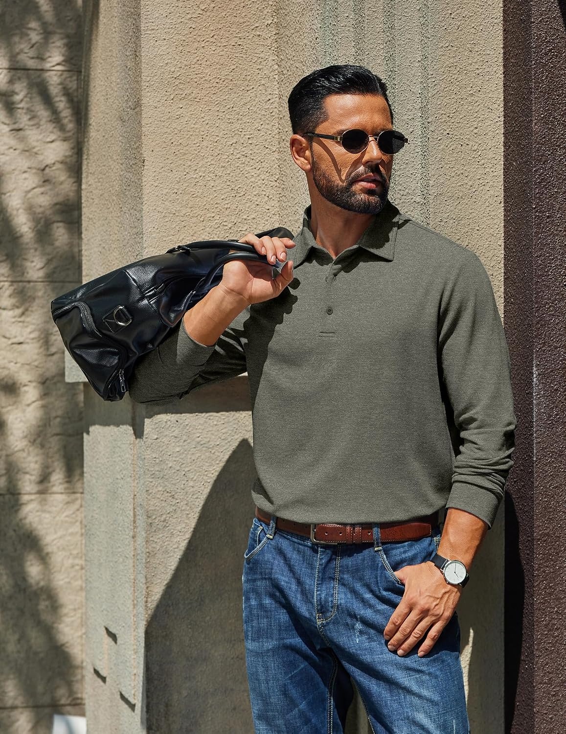 image:imageCOOFANDY Mens Long Sleeve Polo Shirts Casual Basic Lightweight Button TeeArmy Green