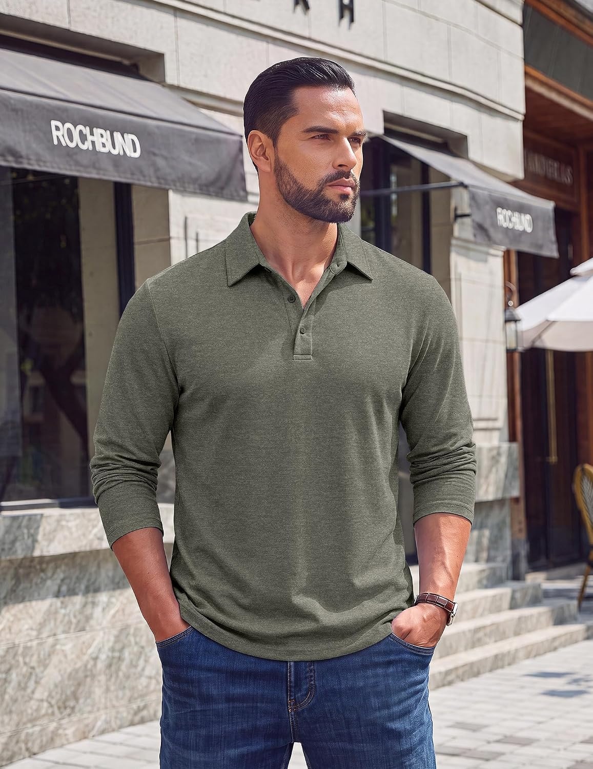 image:imageCOOFANDY Mens Long Sleeve Polo Shirts Casual Basic Lightweight Button TeeArmy Green