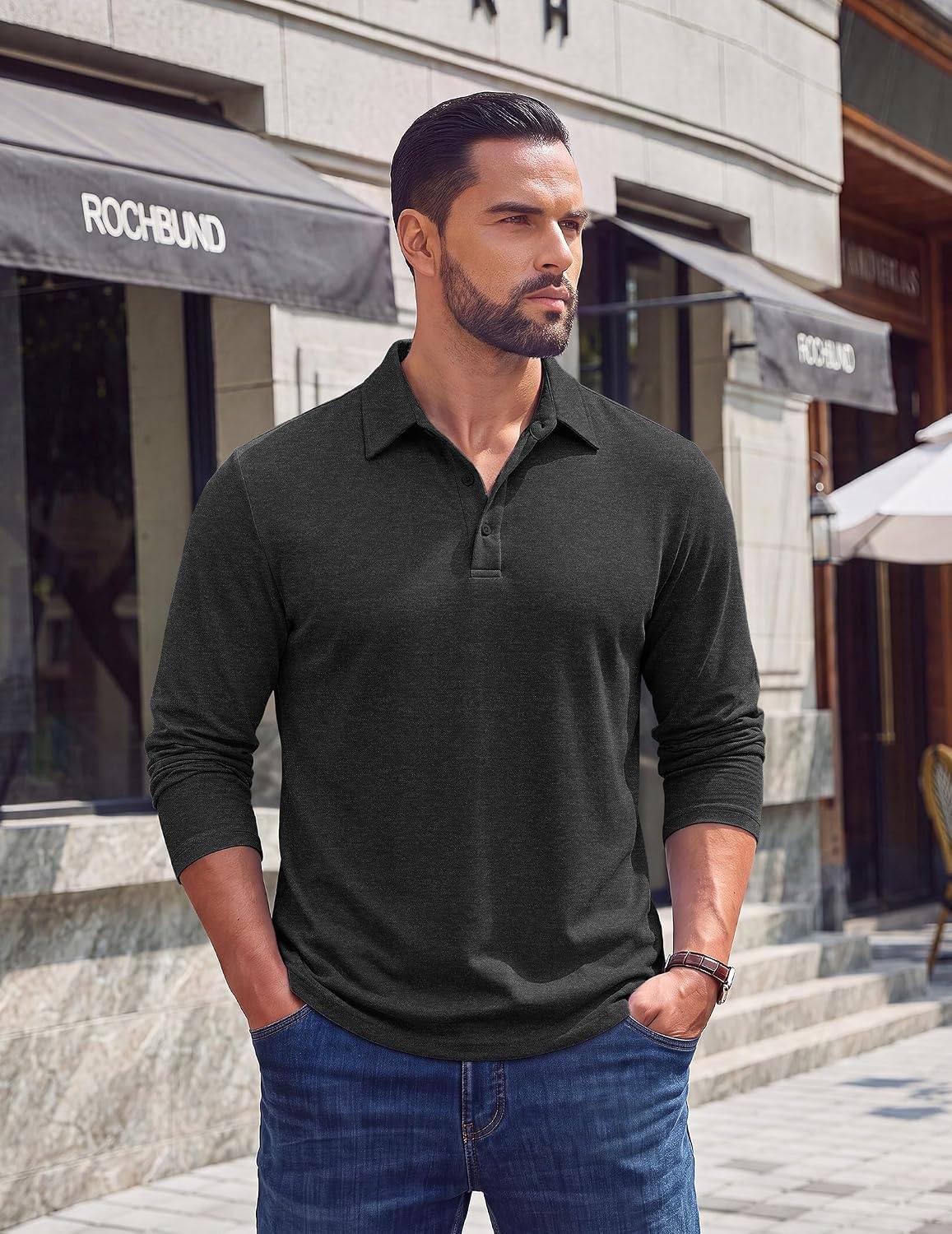 image:imageCOOFANDY Mens Long Sleeve Polo Shirts Casual Basic Lightweight Button TeeBlack