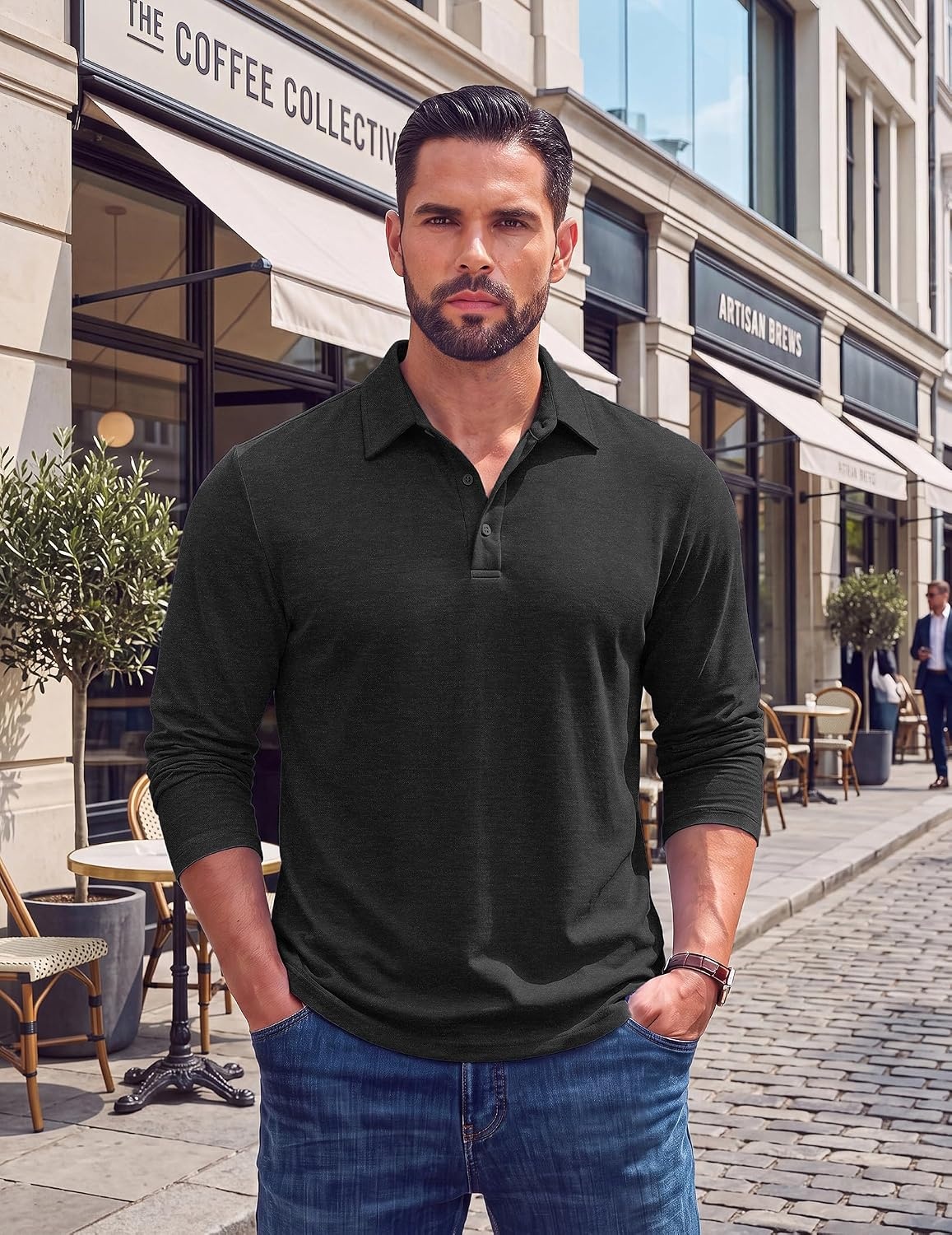 image:imageCOOFANDY Mens Long Sleeve Polo Shirts Casual Basic Lightweight Button TeeBlack