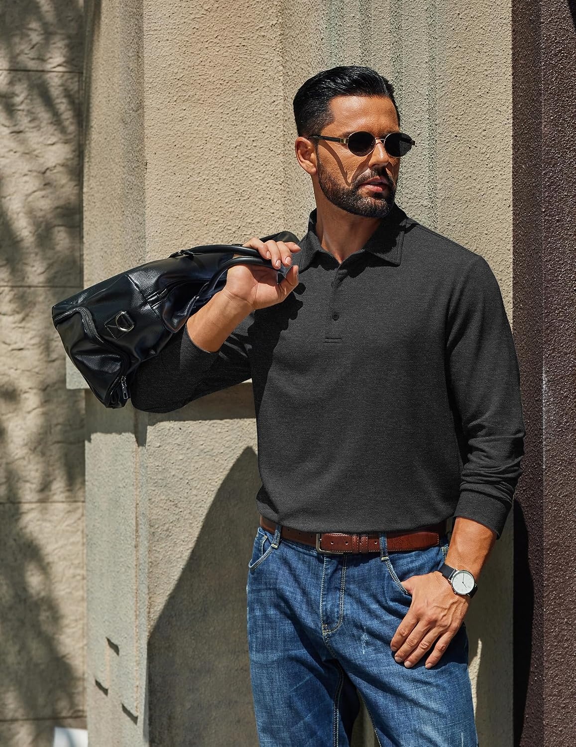 image:imageCOOFANDY Mens Long Sleeve Polo Shirts Casual Basic Lightweight Button TeeBlack