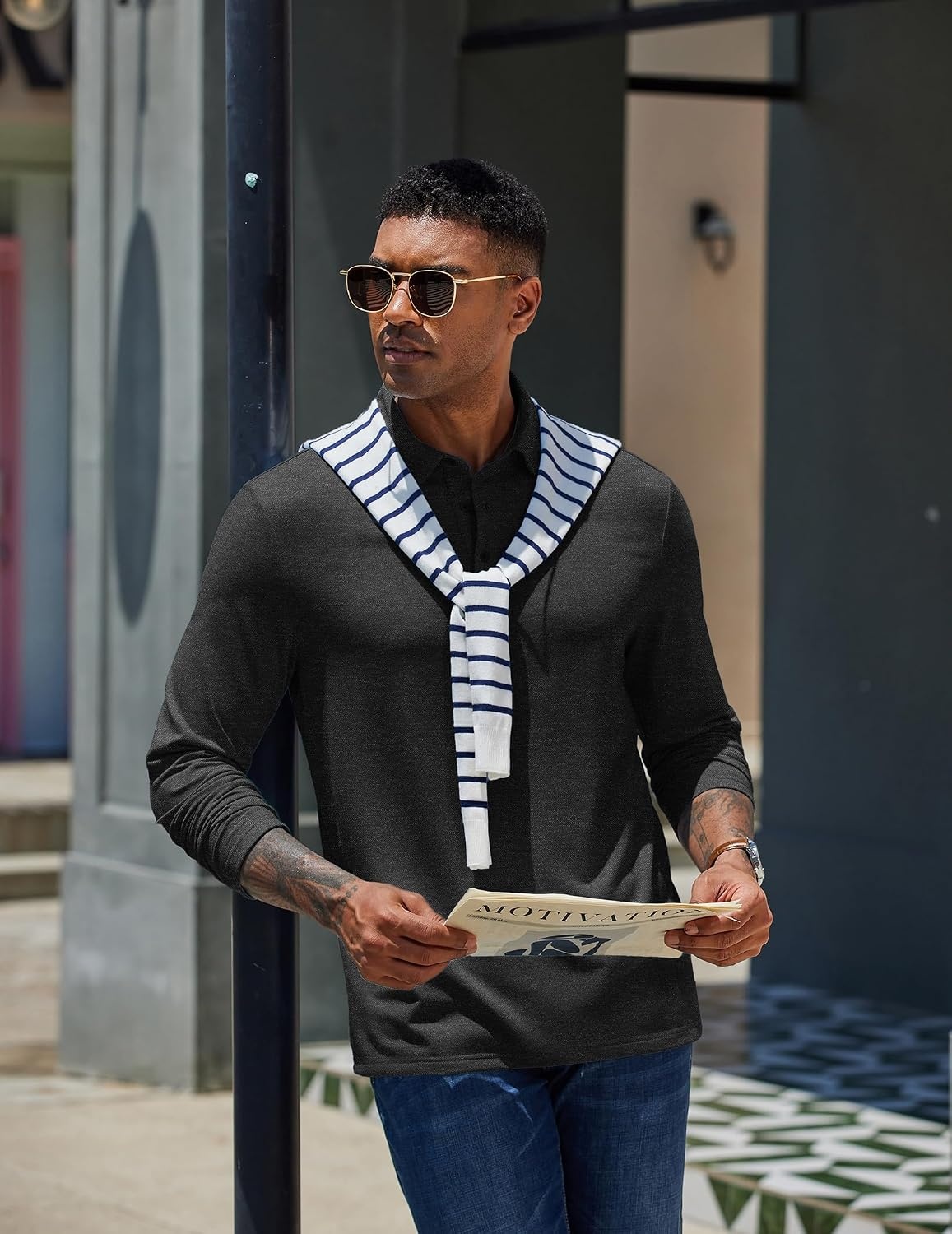 image:imageCOOFANDY Mens Long Sleeve Polo Shirts Casual Basic Lightweight Button TeeBlack