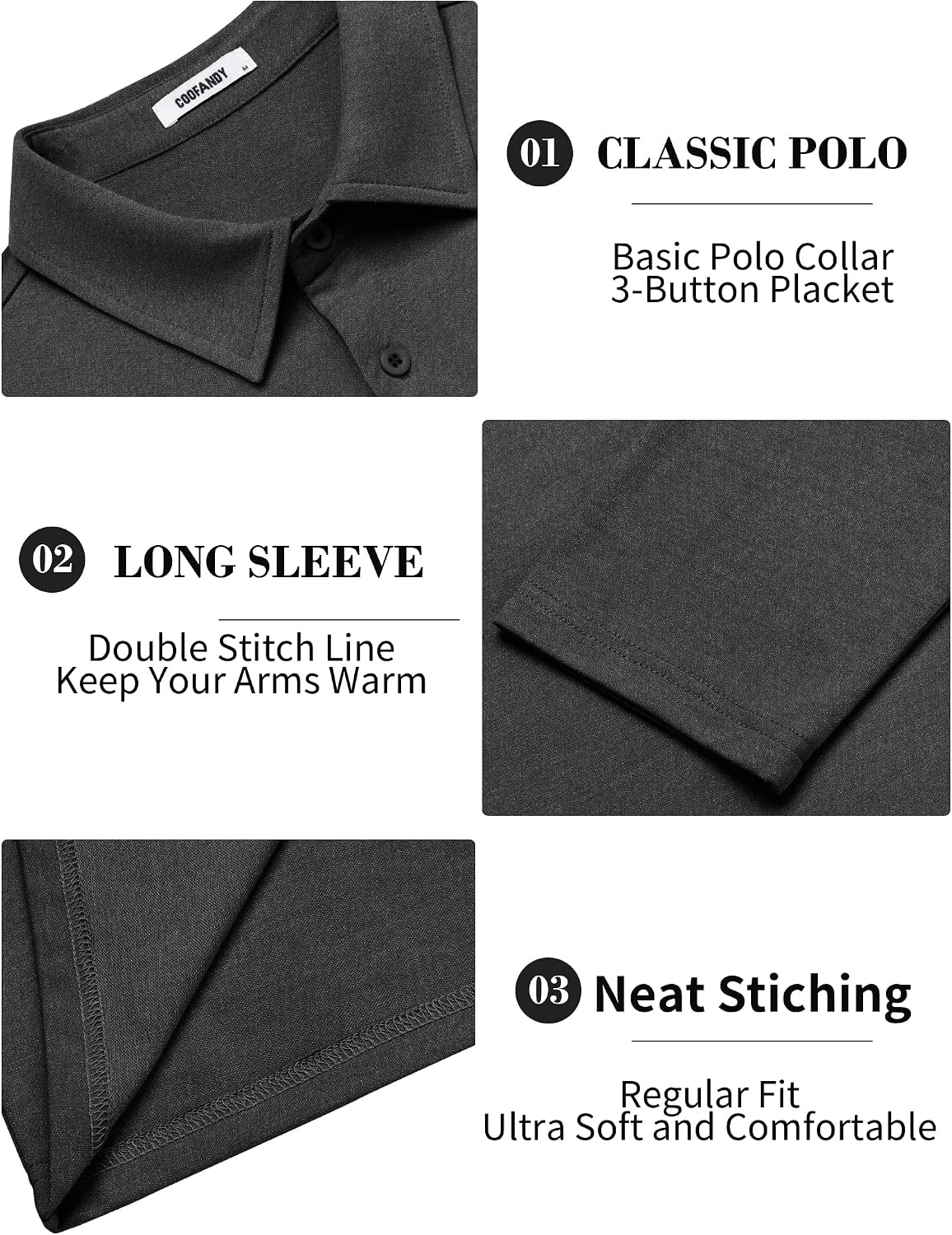 image:imageCOOFANDY Mens Long Sleeve Polo Shirts Casual Basic Lightweight Button TeeBlack