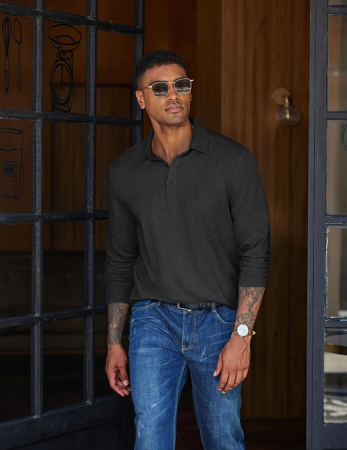 image:imageCOOFANDY Mens Long Sleeve Polo Shirts Casual Basic Lightweight Button TeeBlack