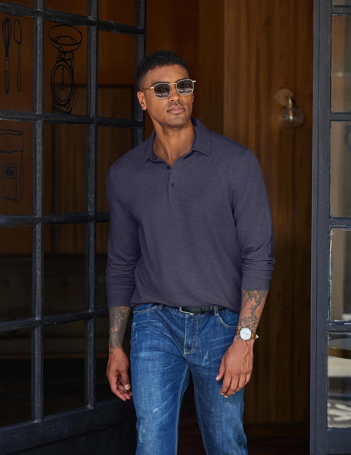 image:imageCOOFANDY Mens Long Sleeve Polo Shirts Casual Basic Lightweight Button TeeDark Blue