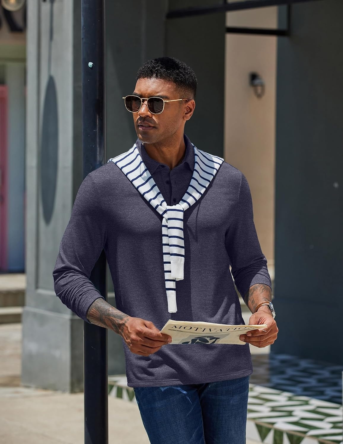 image:imageCOOFANDY Mens Long Sleeve Polo Shirts Casual Basic Lightweight Button TeeDark Blue