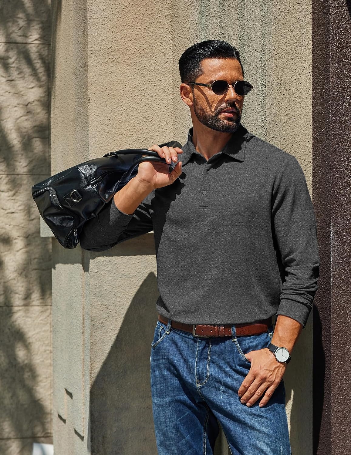 image:imageCOOFANDY Mens Long Sleeve Polo Shirts Casual Basic Lightweight Button TeeDark Heather Grey