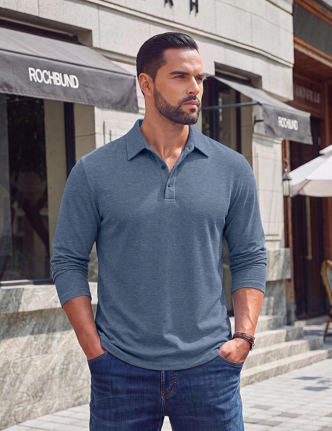 image:imageCOOFANDY Mens Long Sleeve Polo Shirts Casual Basic Lightweight Button TeeDeep Blue