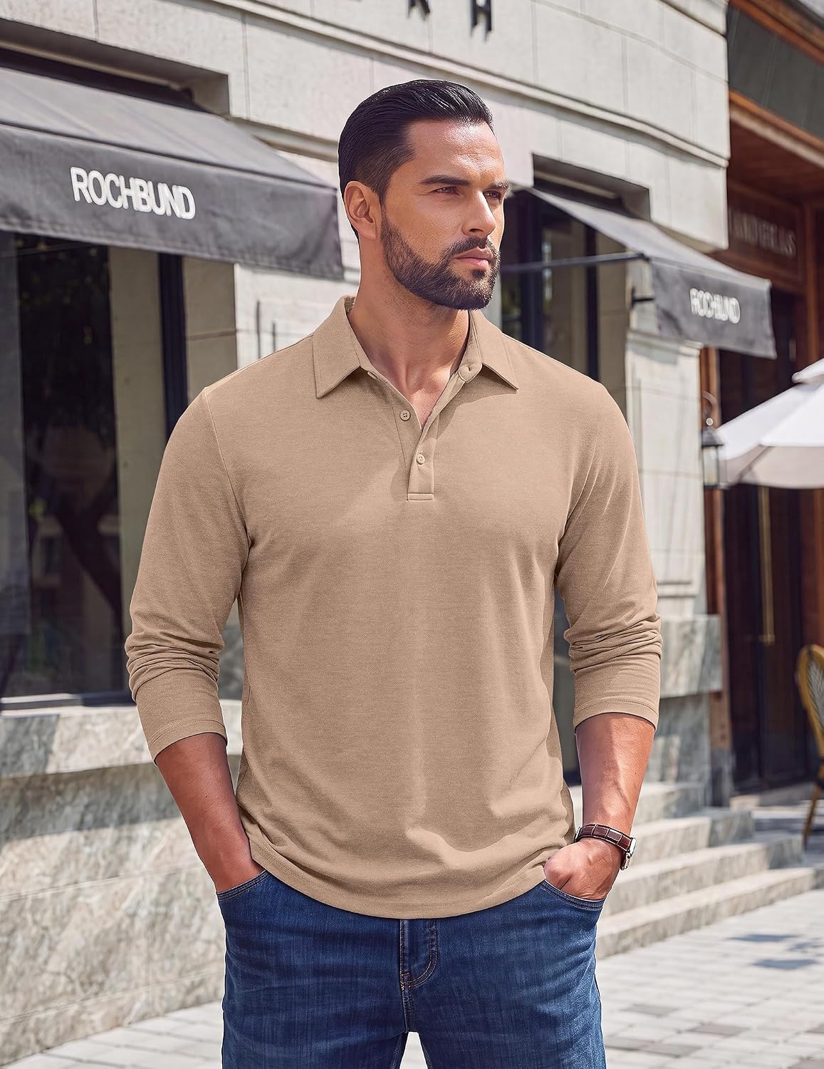 image:imageCOOFANDY Mens Long Sleeve Polo Shirts Casual Basic Lightweight Button TeeKhaki