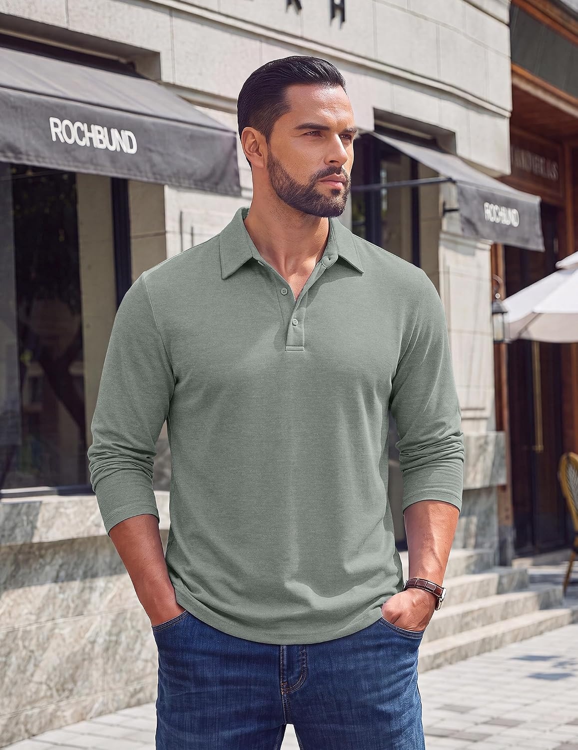 image:imageCOOFANDY Mens Long Sleeve Polo Shirts Casual Basic Lightweight Button TeeSage Green