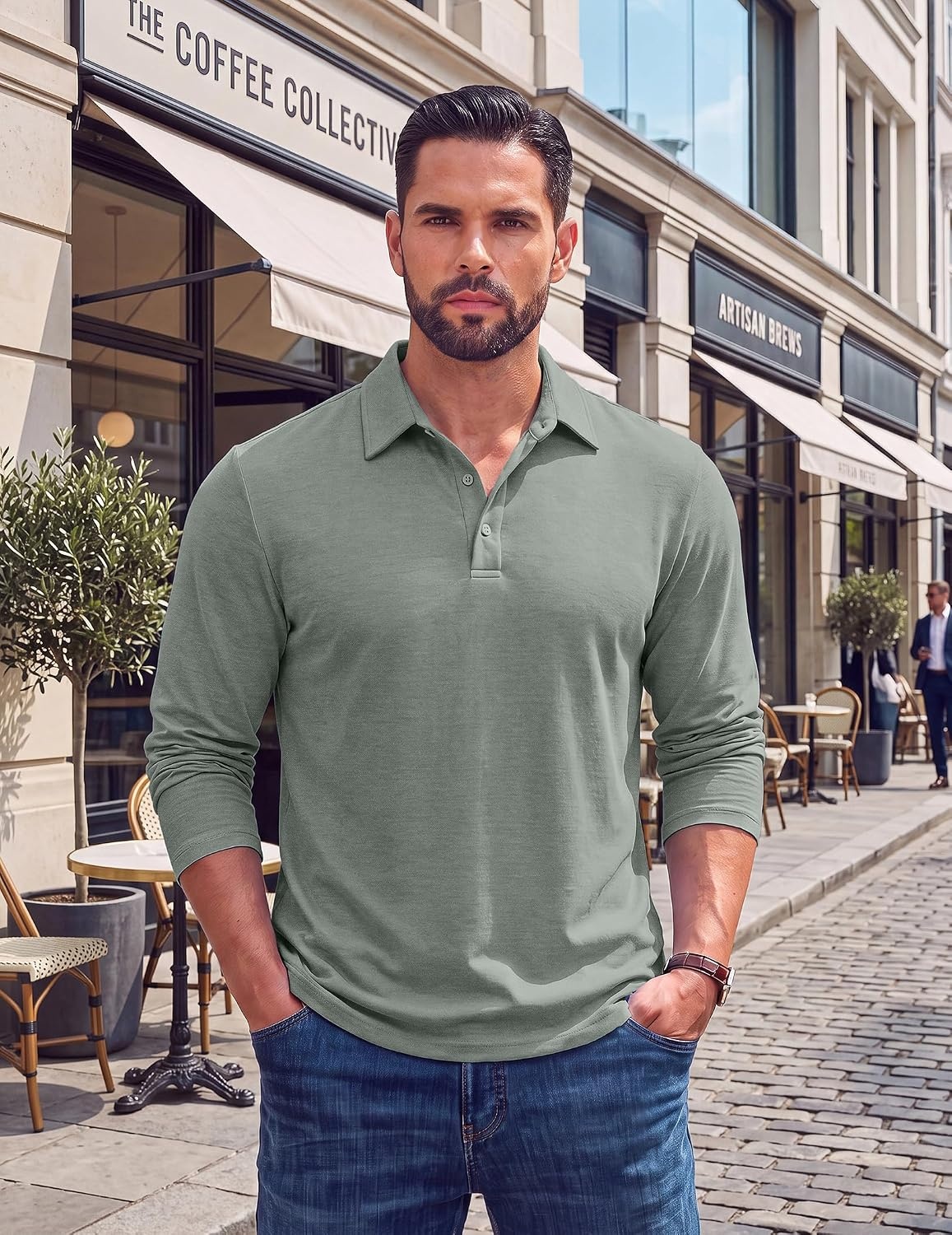 image:imageCOOFANDY Mens Long Sleeve Polo Shirts Casual Basic Lightweight Button TeeSage Green