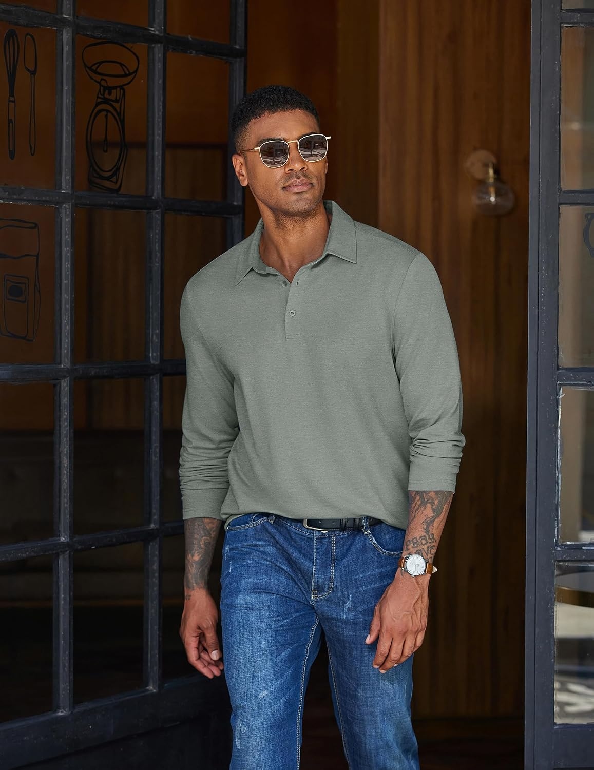 image:imageCOOFANDY Mens Long Sleeve Polo Shirts Casual Basic Lightweight Button TeeSage Green