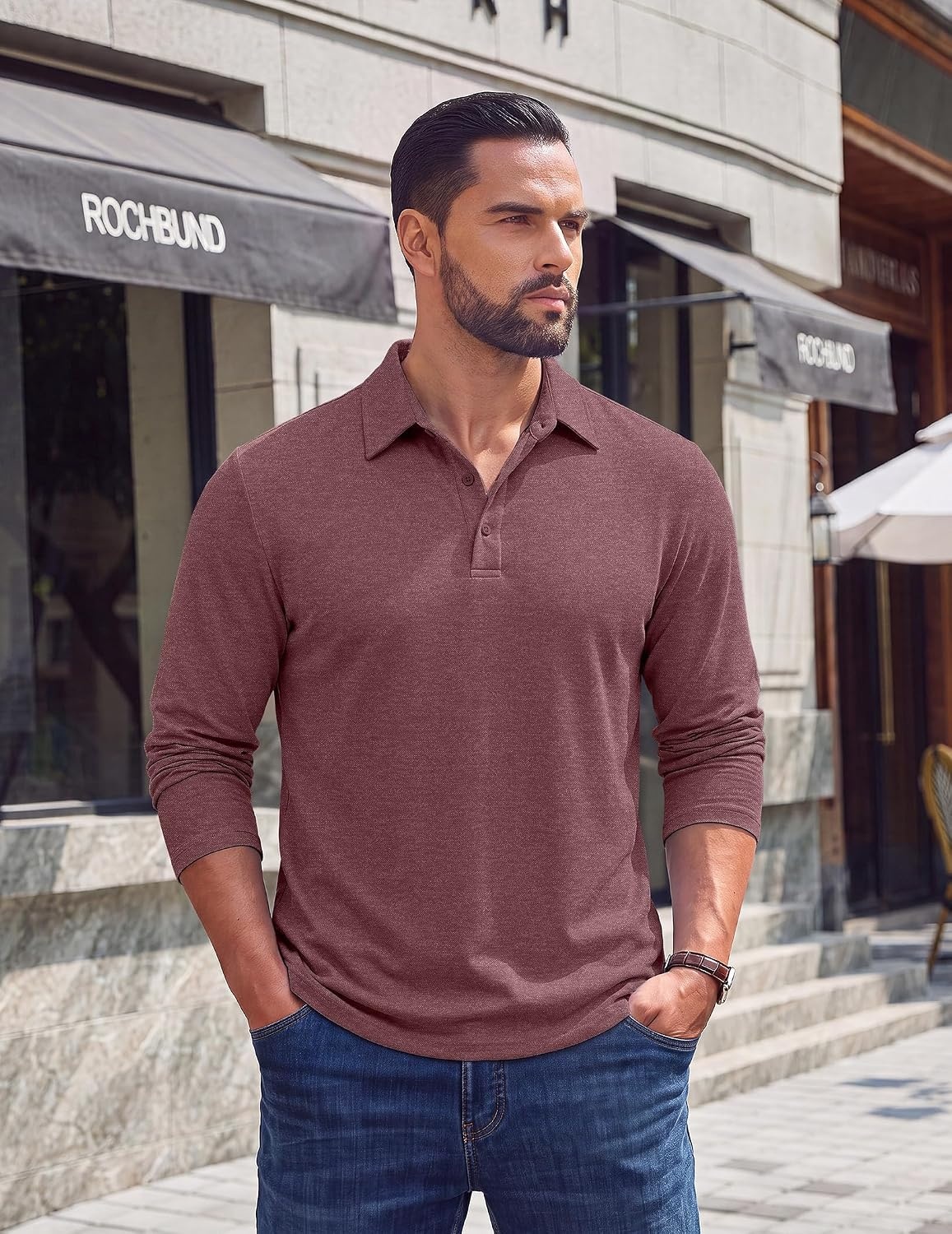 image:imageCOOFANDY Mens Long Sleeve Polo Shirts Casual Basic Lightweight Button TeeWine Red