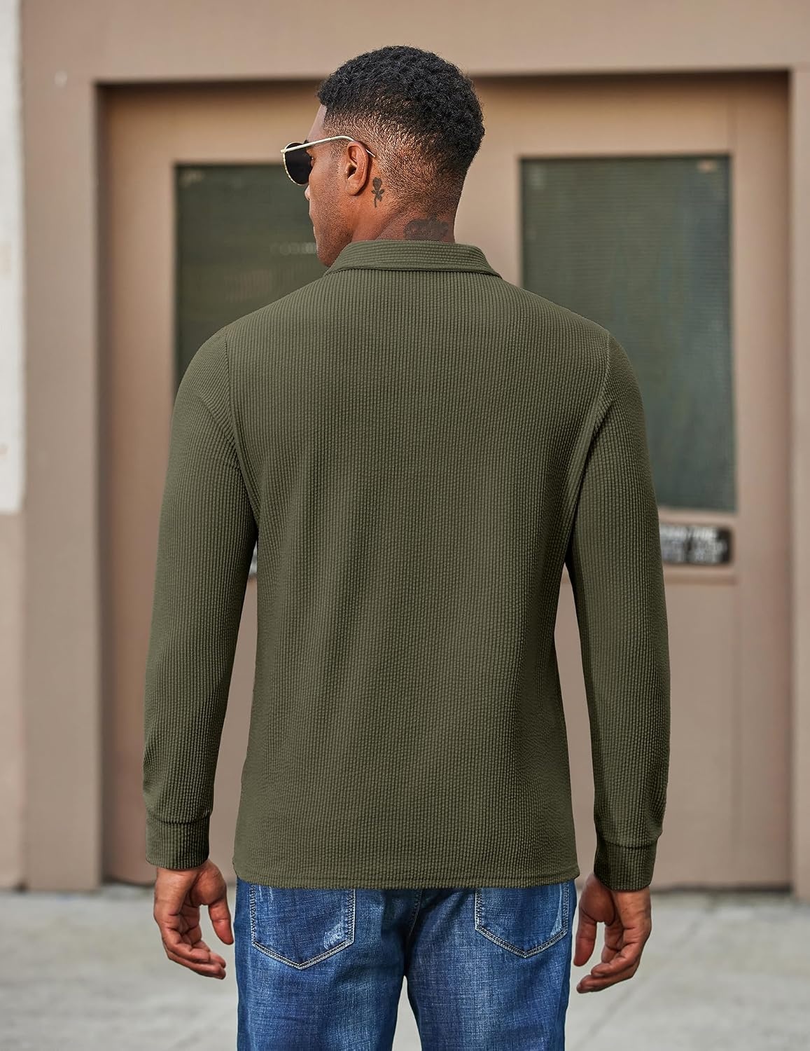 image:imageCOOFANDY Mens Long Sleeve Polo Shirts Casual Corduroy Polo TeeArmy Green