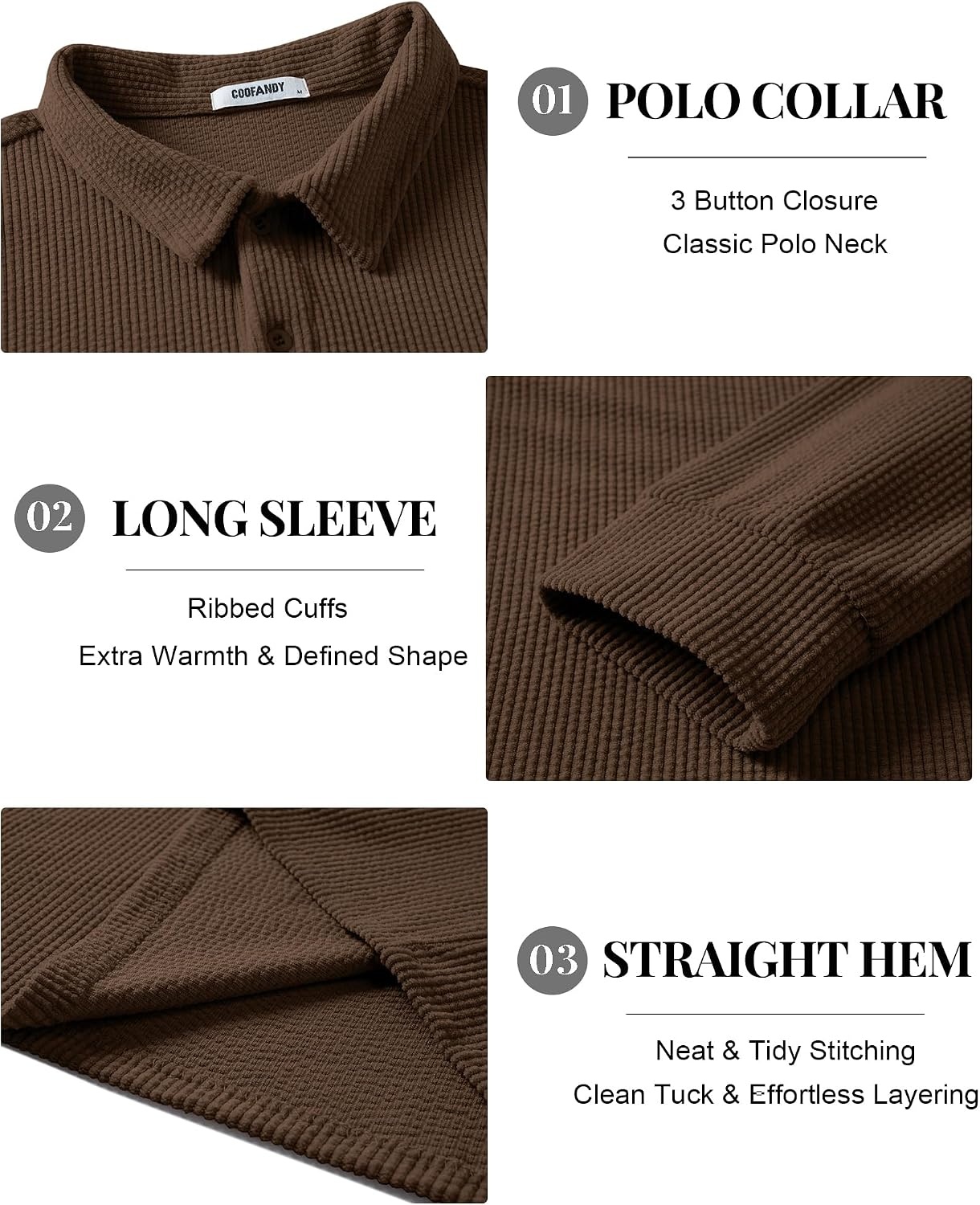 image:imageCOOFANDY Mens Long Sleeve Polo Shirts Casual Corduroy Polo TeeBrown