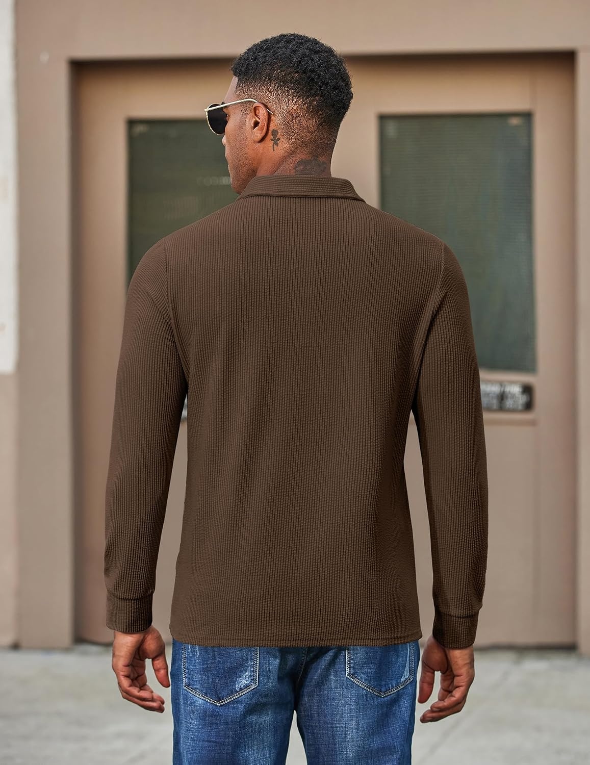 image:imageCOOFANDY Mens Long Sleeve Polo Shirts Casual Corduroy Polo TeeBrown