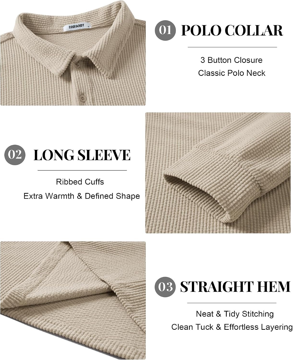 image:imageCOOFANDY Mens Long Sleeve Polo Shirts Casual Corduroy Polo TeeCream