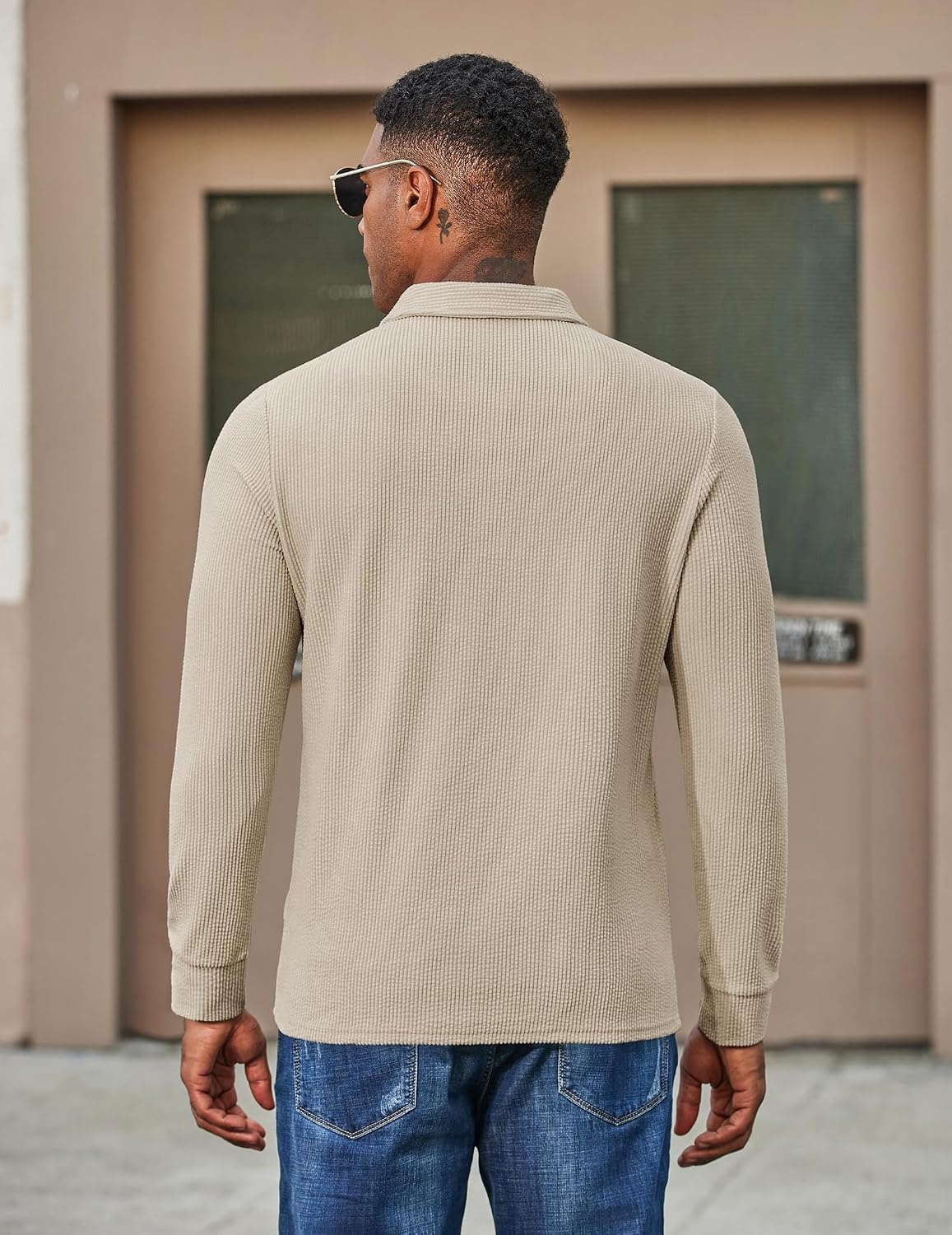 image:imageCOOFANDY Mens Long Sleeve Polo Shirts Casual Corduroy Polo TeeCream