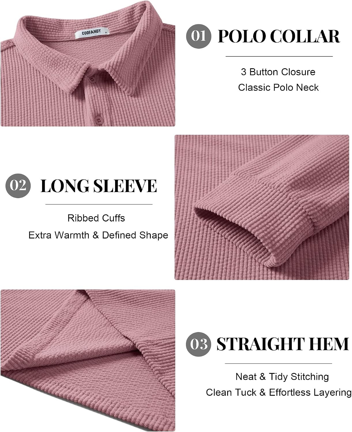 image:imageCOOFANDY Mens Long Sleeve Polo Shirts Casual Corduroy Polo TeeDusty Pink
