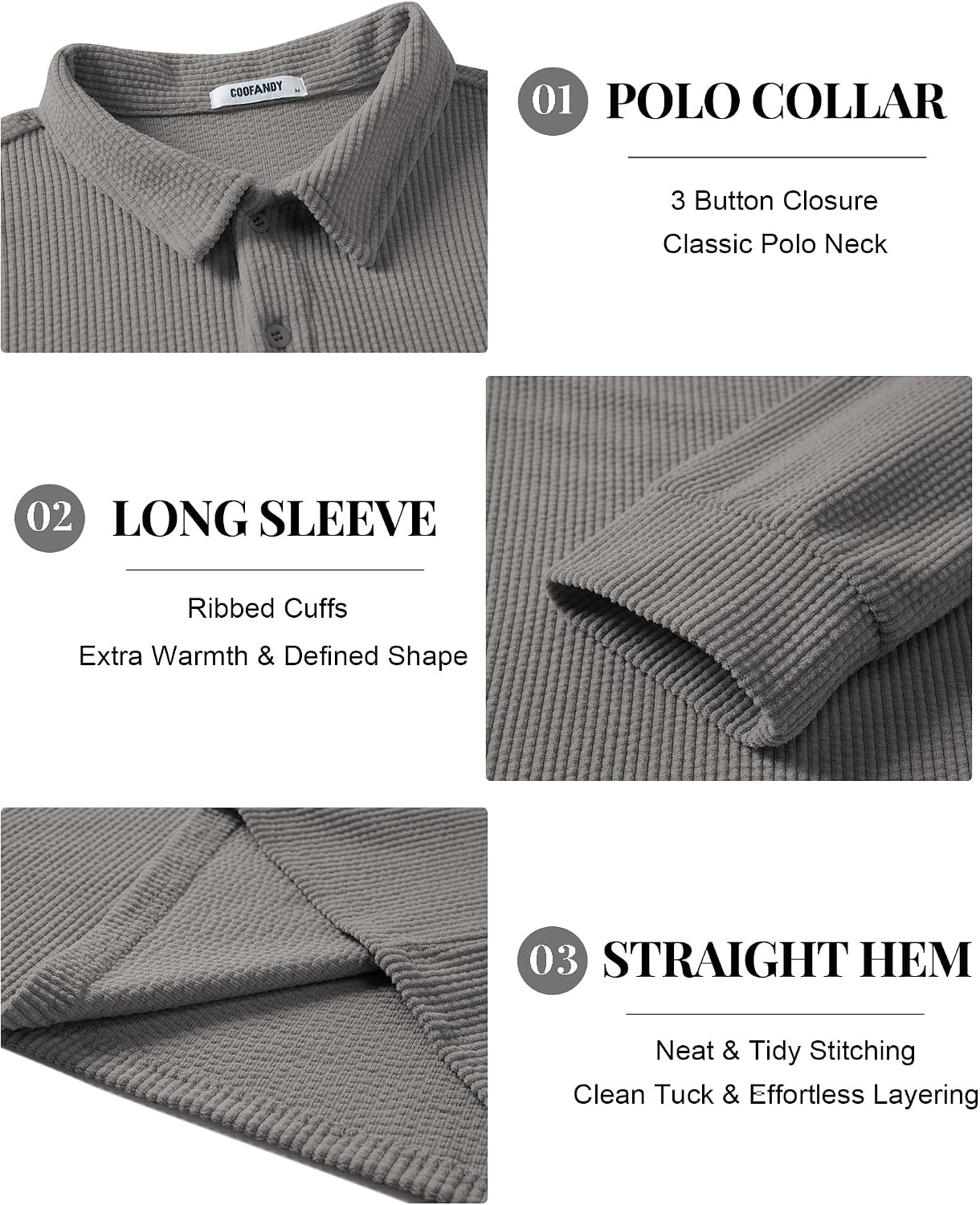 image:imageCOOFANDY Mens Long Sleeve Polo Shirts Casual Corduroy Polo TeeLight Grey