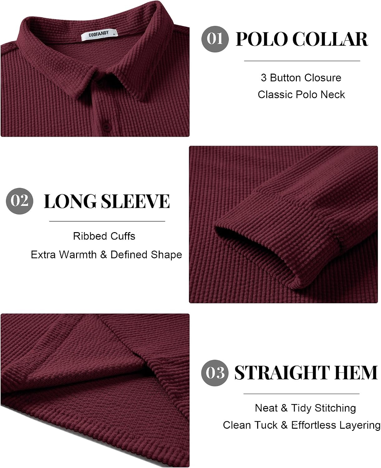 image:imageCOOFANDY Mens Long Sleeve Polo Shirts Casual Corduroy Polo TeeWine Red