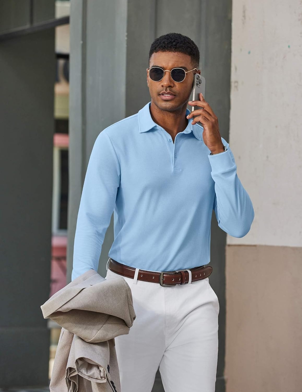 image:imageCOOFANDY Mens Long Sleeve Polo Shirts Classic Cotton Pique Polo ShirtsLight Blue
