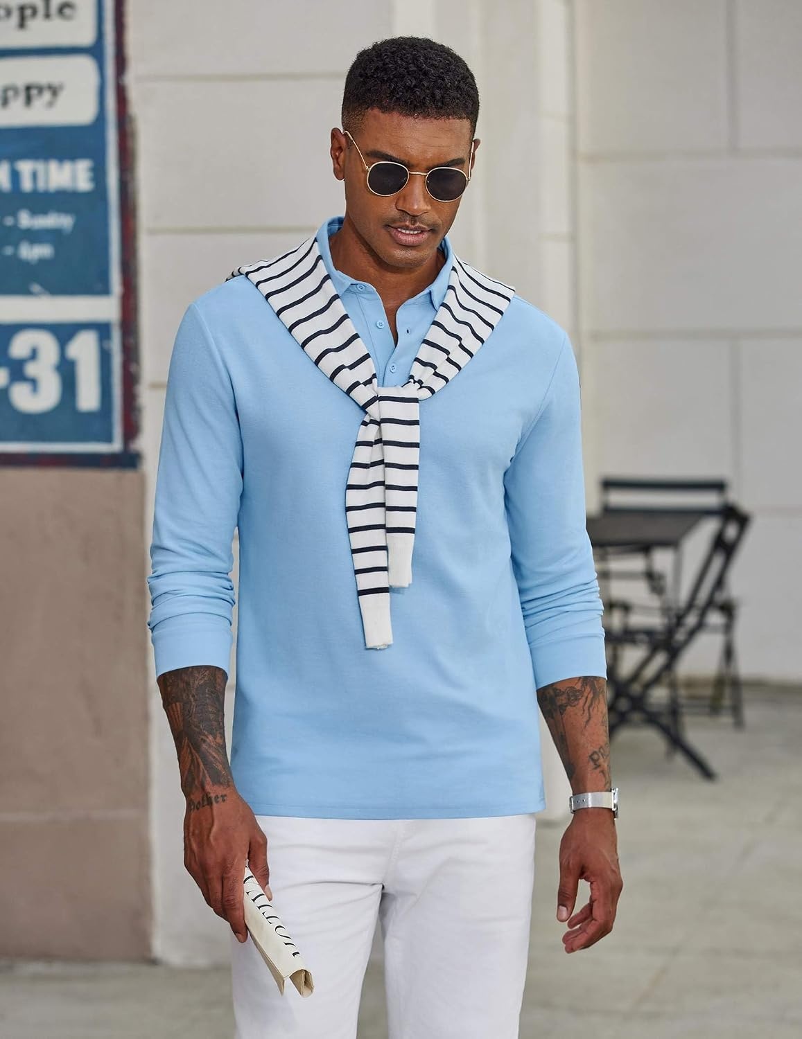 image:imageCOOFANDY Mens Long Sleeve Polo Shirts Classic Cotton Pique Polo ShirtsLight Blue